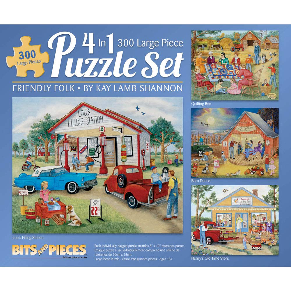 Bits and Pieces - 4-in-1 Multi-Pack 300 Piece Jigsaw Puzzles for Adults - Friendly Folk by Artist Kay Lamb Shannon, Completed Puzzle Size: 16" x 20"