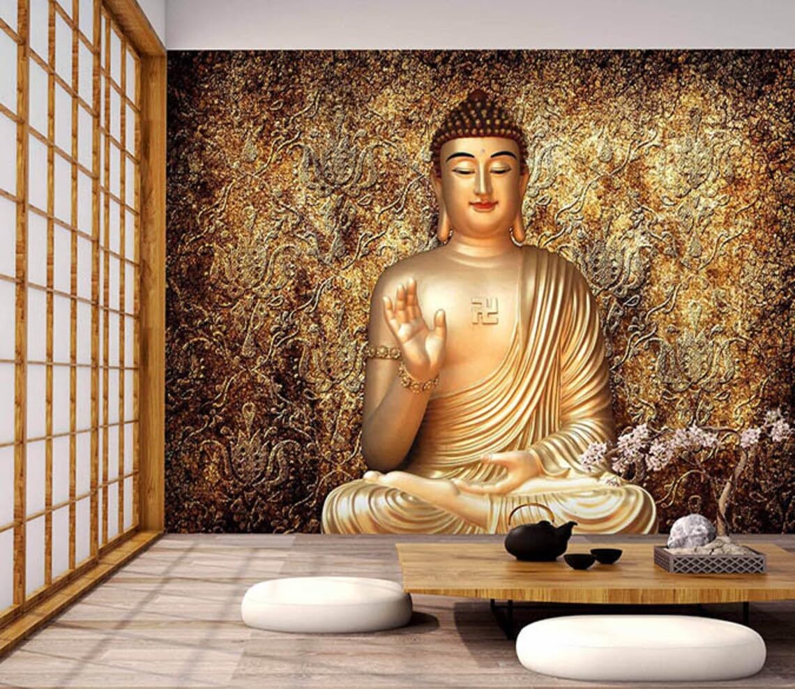 AADEE Craft 3D Golden Lord Buddha Wallpaper (Non-Wooven_12X8 Feet_Multi)