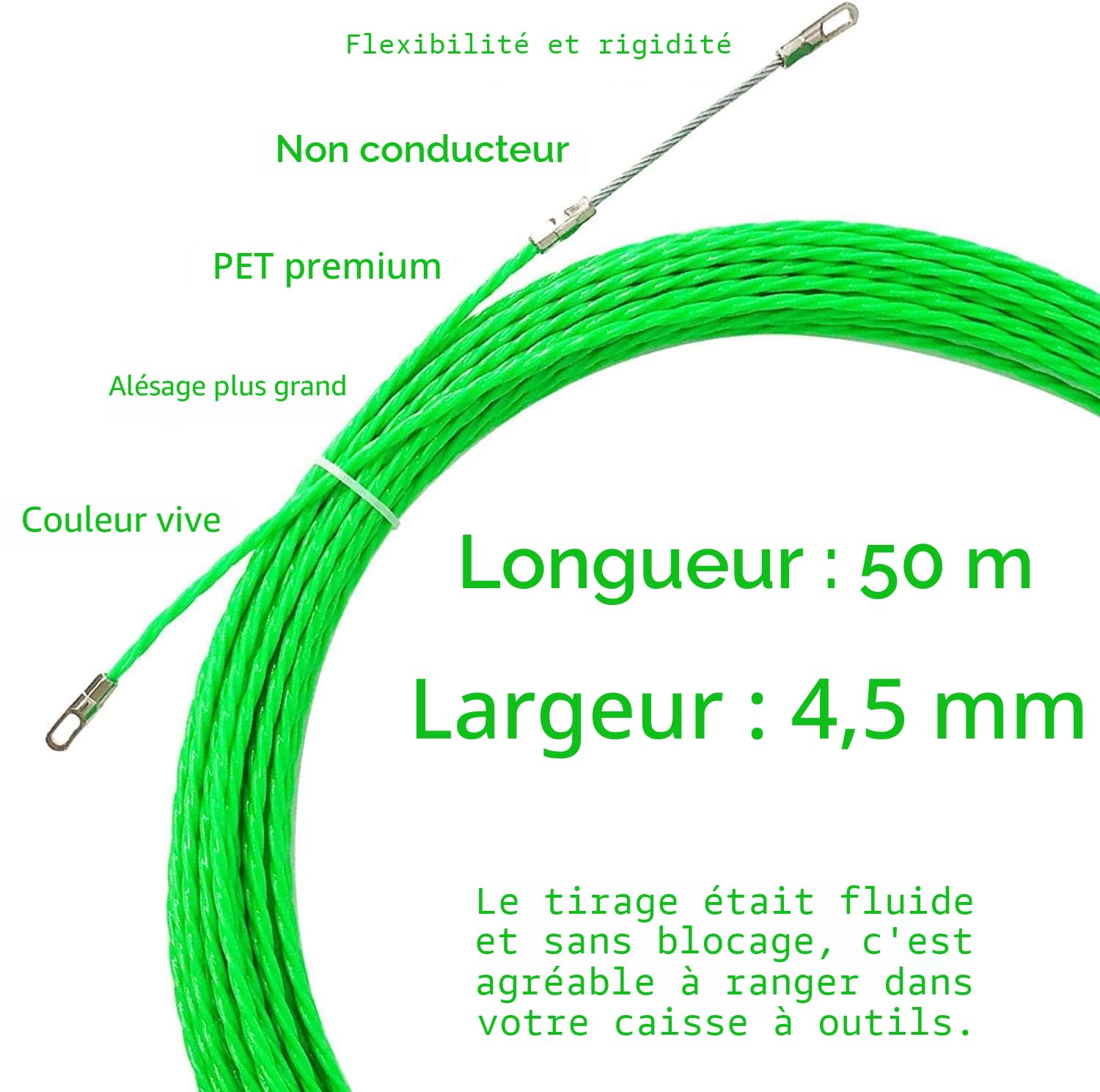 Aiguille Electricien,50m Tire Fil Electrique 4,5mm DiamèTre Tire Fils Electrique,avec 2 Tête Guidage,Tire Fils Electricien Aiguille, Spiralé Flexible Aiguille Tire Fil