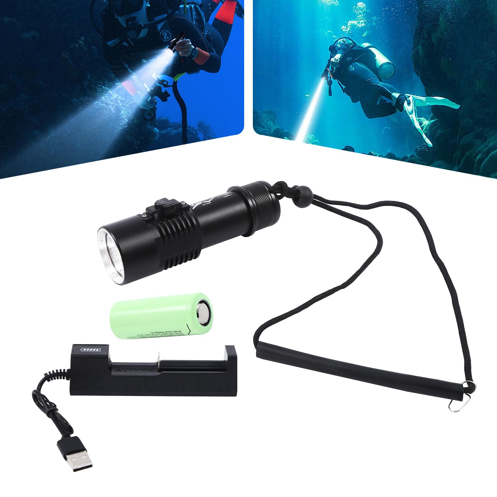 Dive Light, 1400 Lumens Compact Bright Diving Torch, IP68 Waterproof Submersible Flashlight, 2 Lighting Modes, for Underwater 100-150 Meters Diving (White)
