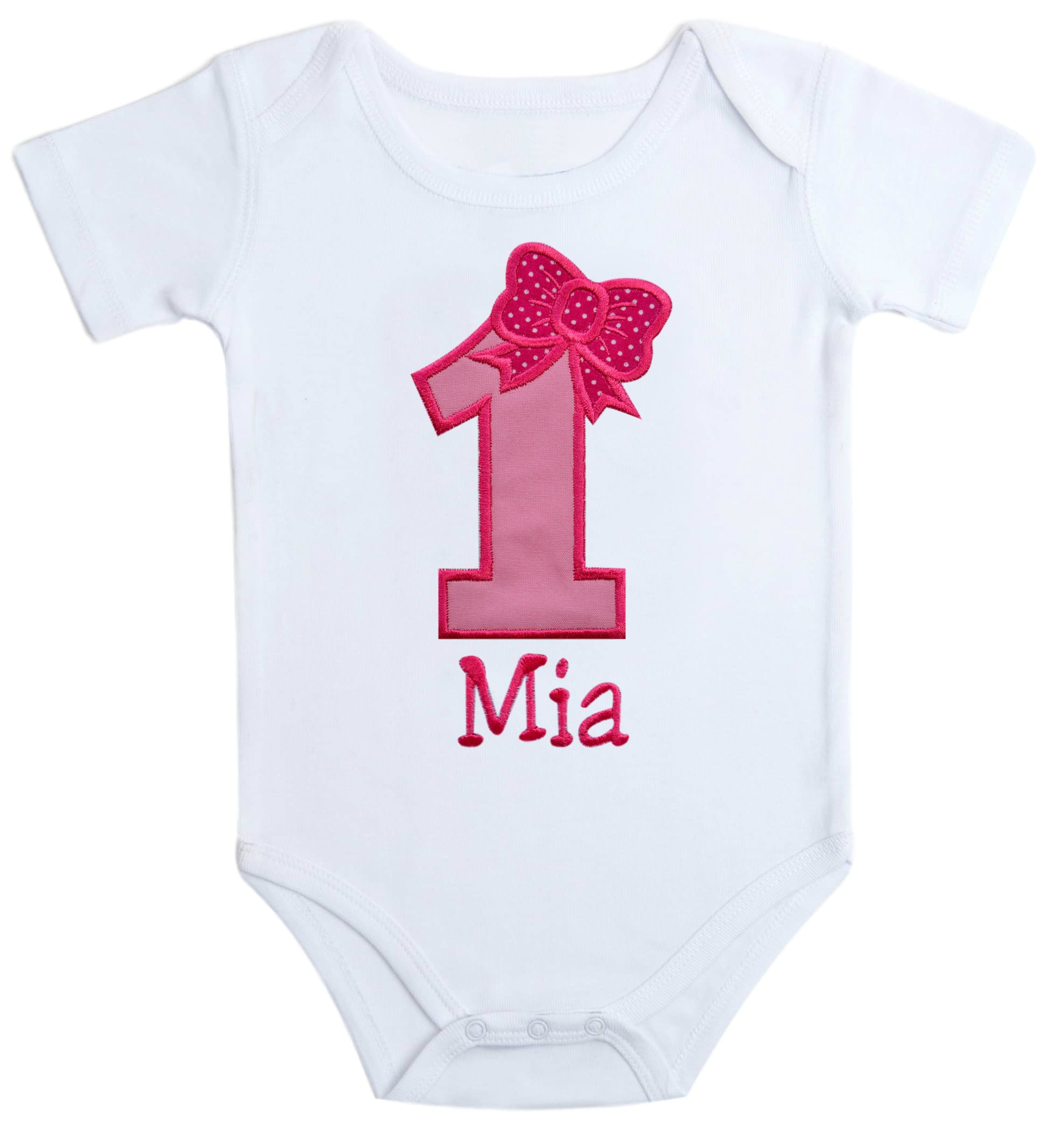 Funny Girl Designs Embroidered First Birthday Year 1 Bodysuit for Baby Girls Personalized with Your CUSTOM NAME (12 MONTHS SHORT SLEEVE, PINK)