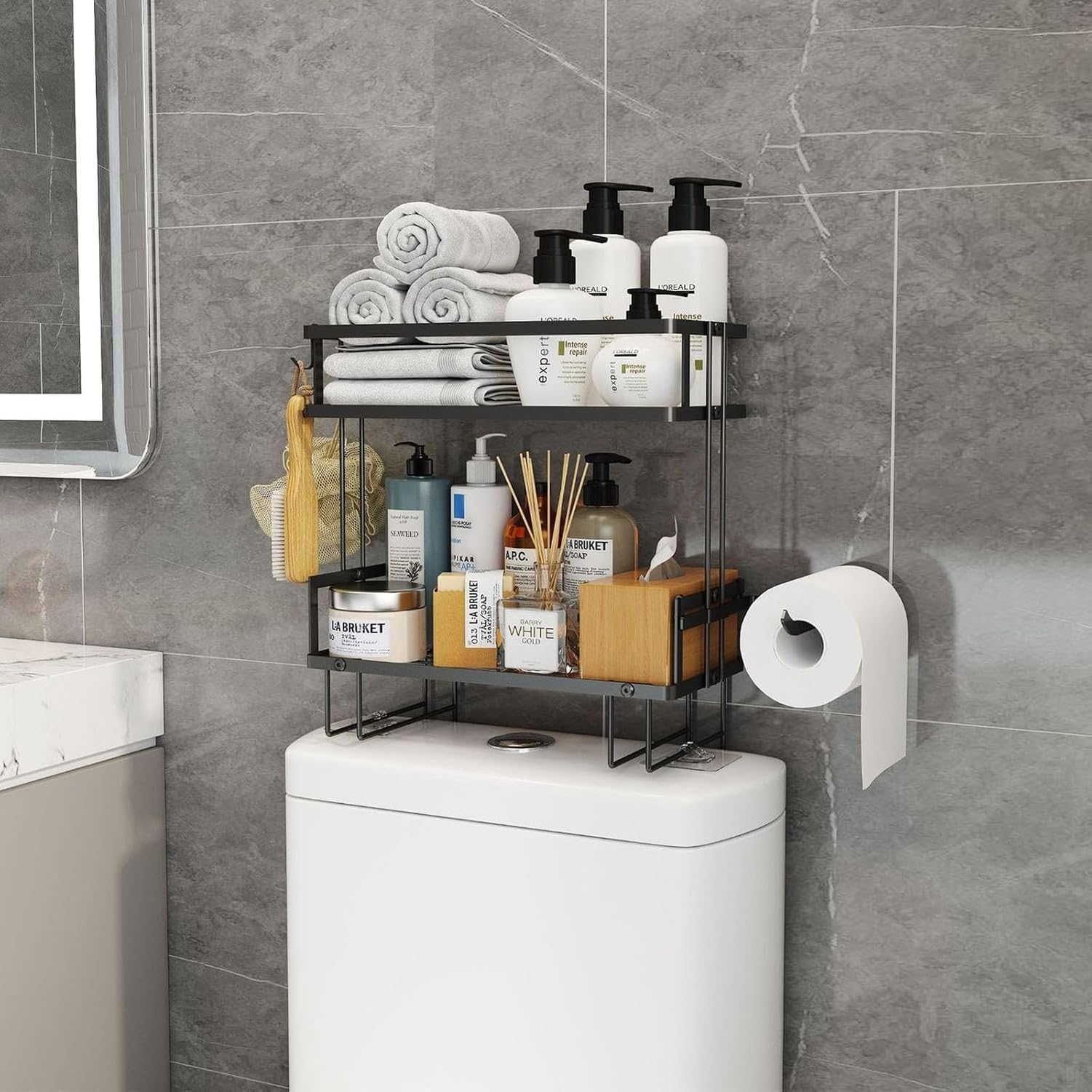 Étagère 2 Niveaux au-Dessus des Toilettes sans Perçage, Blanc