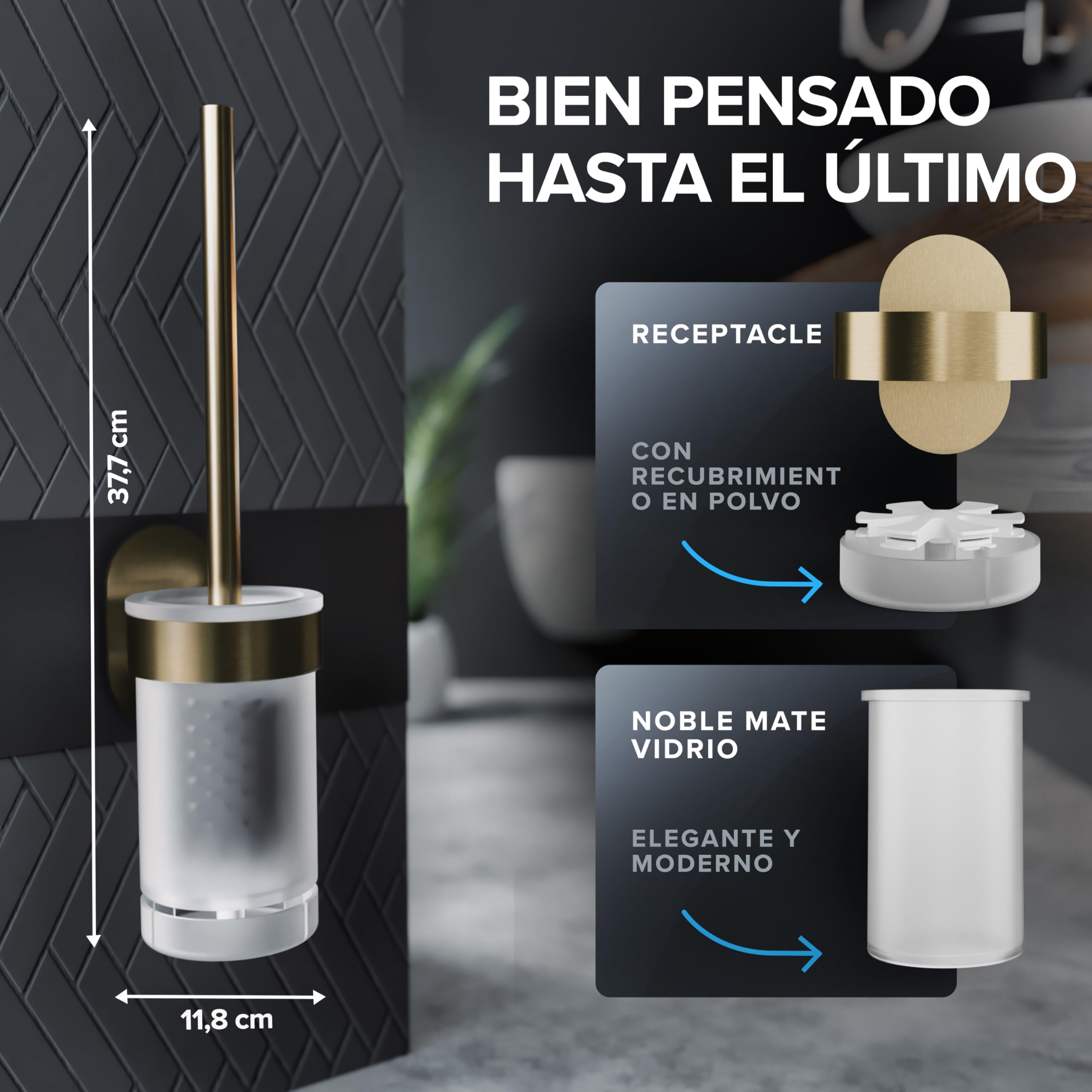 ovimar Escoba de WC Erviksanden | oro | soporte de pared sin perforaciones | escobilla de WC de silicona | escobilla de WC con función de ventilación | para pegar | en acero inoxidable | cabezal para