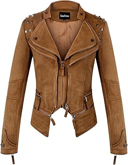 chouyatouWomen's Fashion Studded Perfectly Shaping Faux Leather Biker Jacket