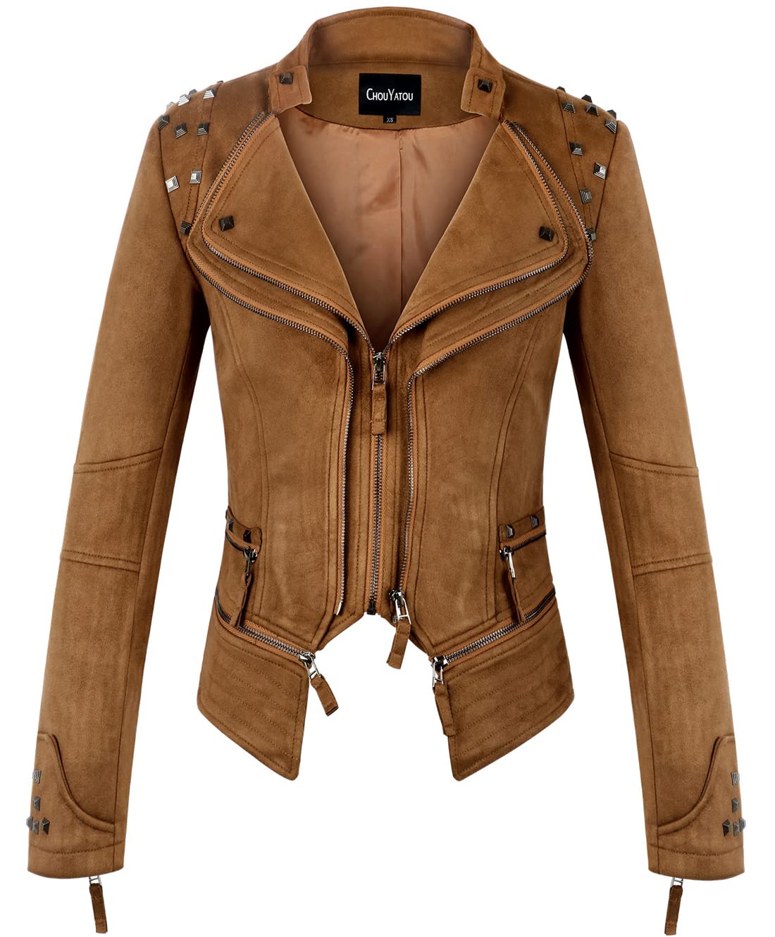 chouyatouWomen's Fashion Studded Perfectly Shaping Faux Leather Biker Jacket