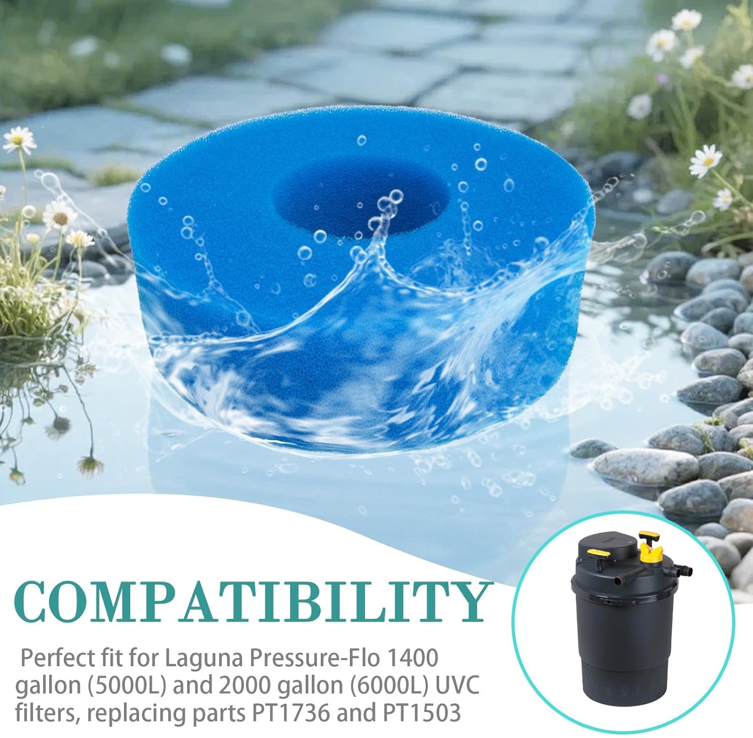 4-Pack Foam Sponge Filter Media, Compatible with Laguna Pressure-Flo 1400 gal. (5000 L) and 2000 gal. (6000 L) UVC Filters, Replacement for Part PT1736 PT1503