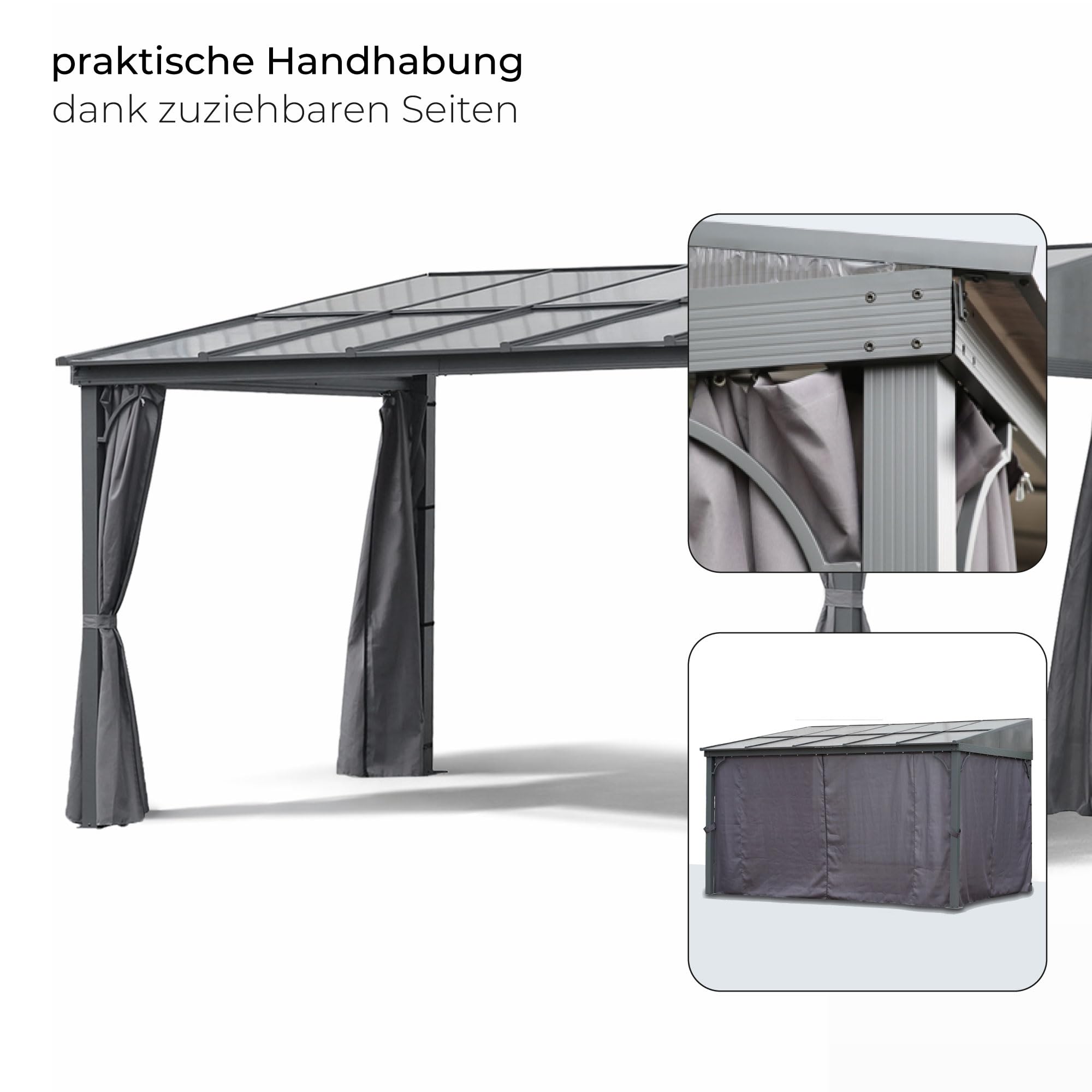 Terrassendach Toledo | Terrassenüberdachung Gartenpavillon lichtdurchflutet Aluminium | Hardtop Pavillon 12 m² - 4 x 3 m (B x T) anthrazit incl. 270° Wind- und Regenschutz