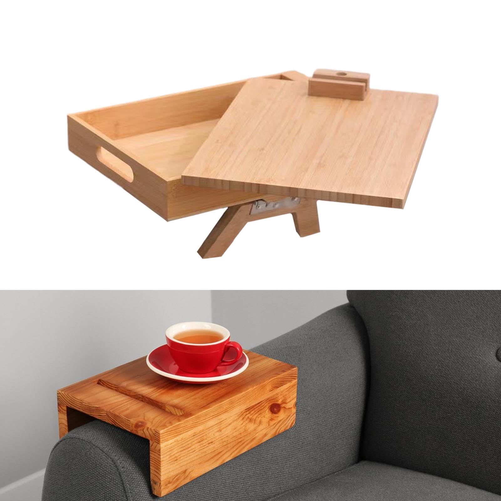 Bandeja de Madera para Reposabrazos de Sofá, Mesa Auxiliar para Mando a Distancia, Taza, Aperitivos.