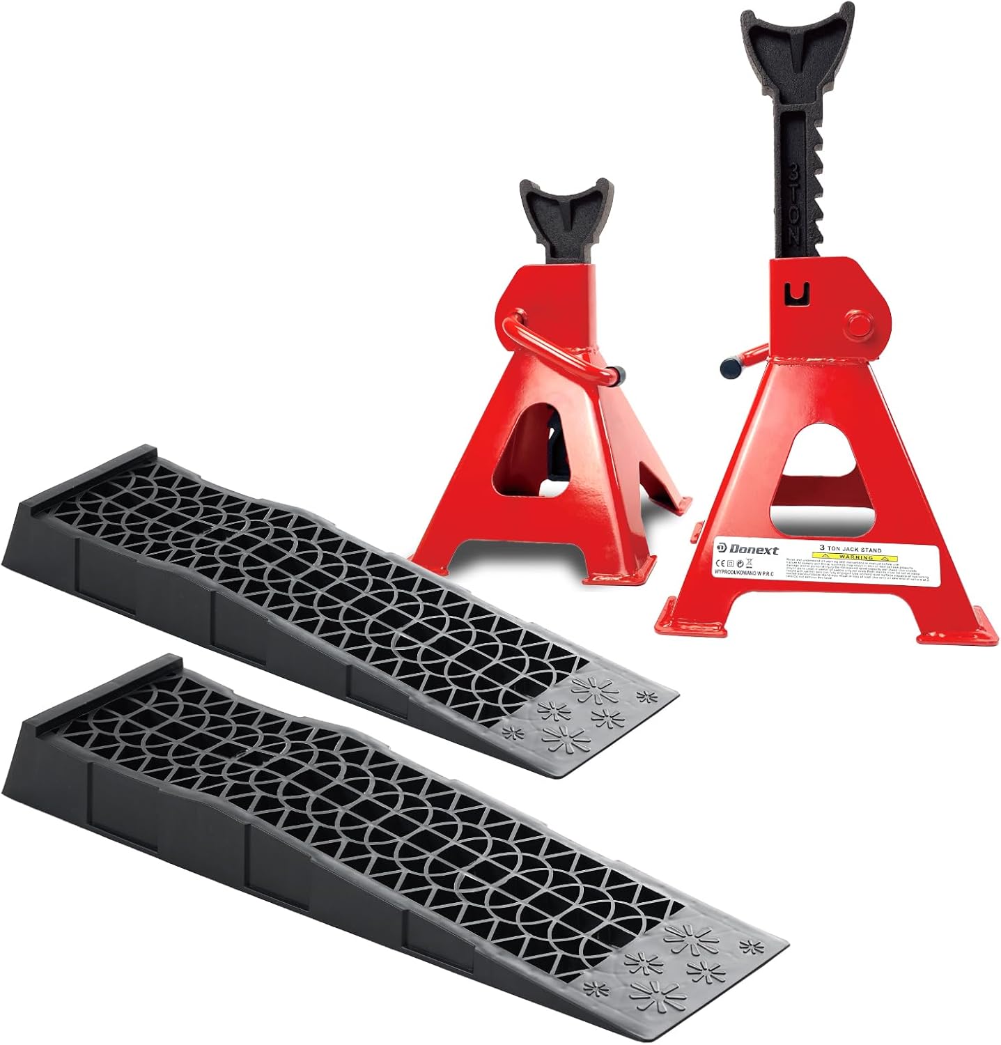 Donext 3 Ton Low Profile Plastic Car Service Ramps and 3 Ton Red Jack Stands