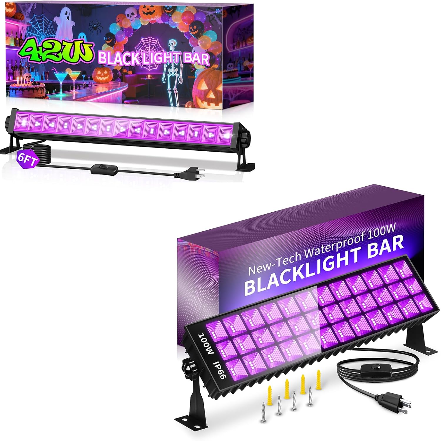 42W LED Black Light Bar+100W Blacklight Bar for Glow Party, Fluorescent Poster, Body Paint, Birthday, Halloween, Bedroom, Classroom
