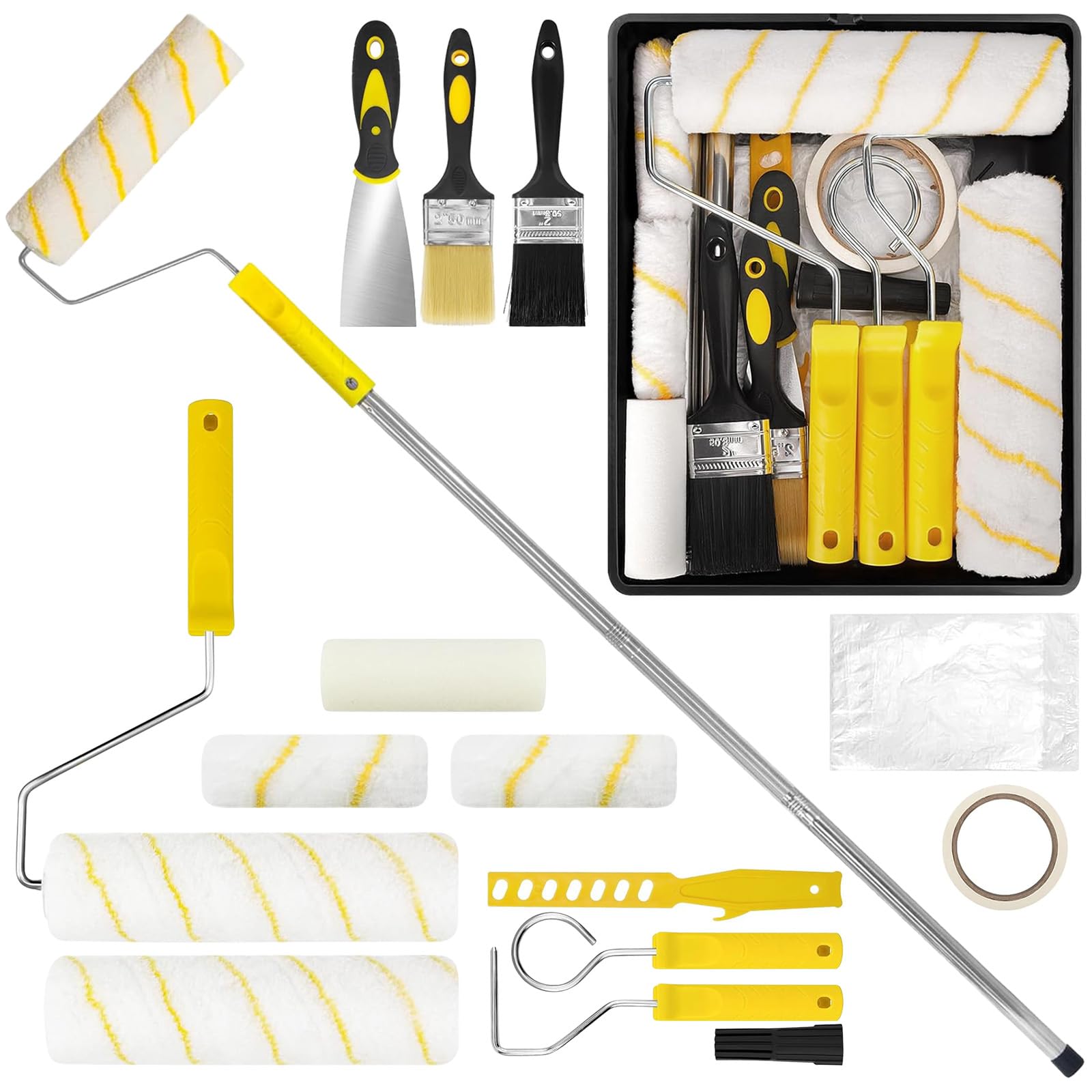 Set di rulli per pittura con asta telescopica, set da 18 pezzi, rullo e vaschette, rullo in fibra ultrafine per dipingere pareti, soffitti, porte