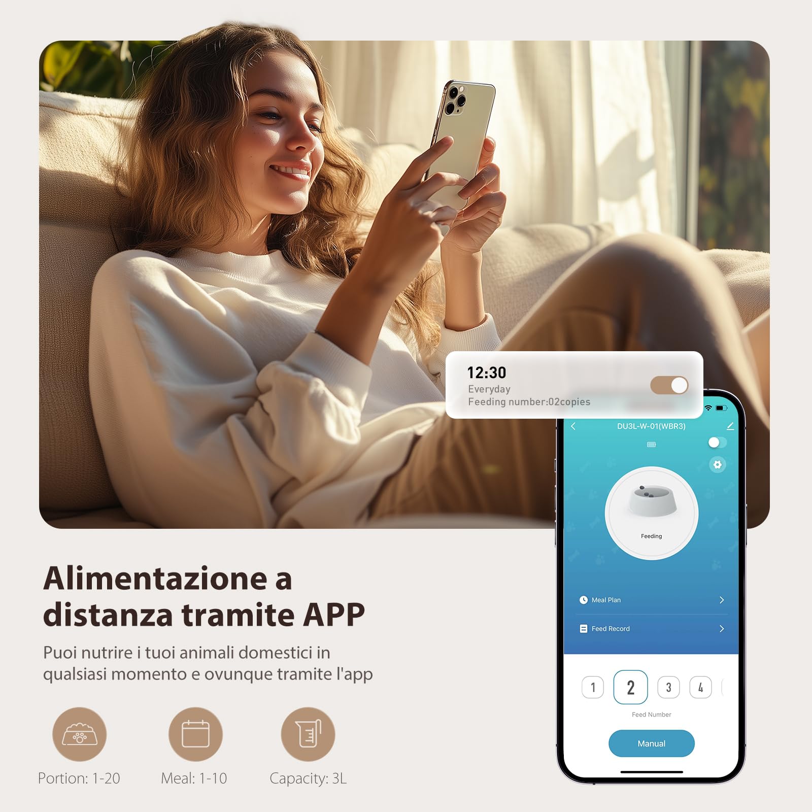 IMIPAW Distributore Automatico Cibo Gatti, Controllato da APP, 5G/2.4G WiFi Alimentazione a Distanza, 10 Pasti al Giorno, 3L Dispenser Cibo Secco per Animali Di Piccola e Media Taglia