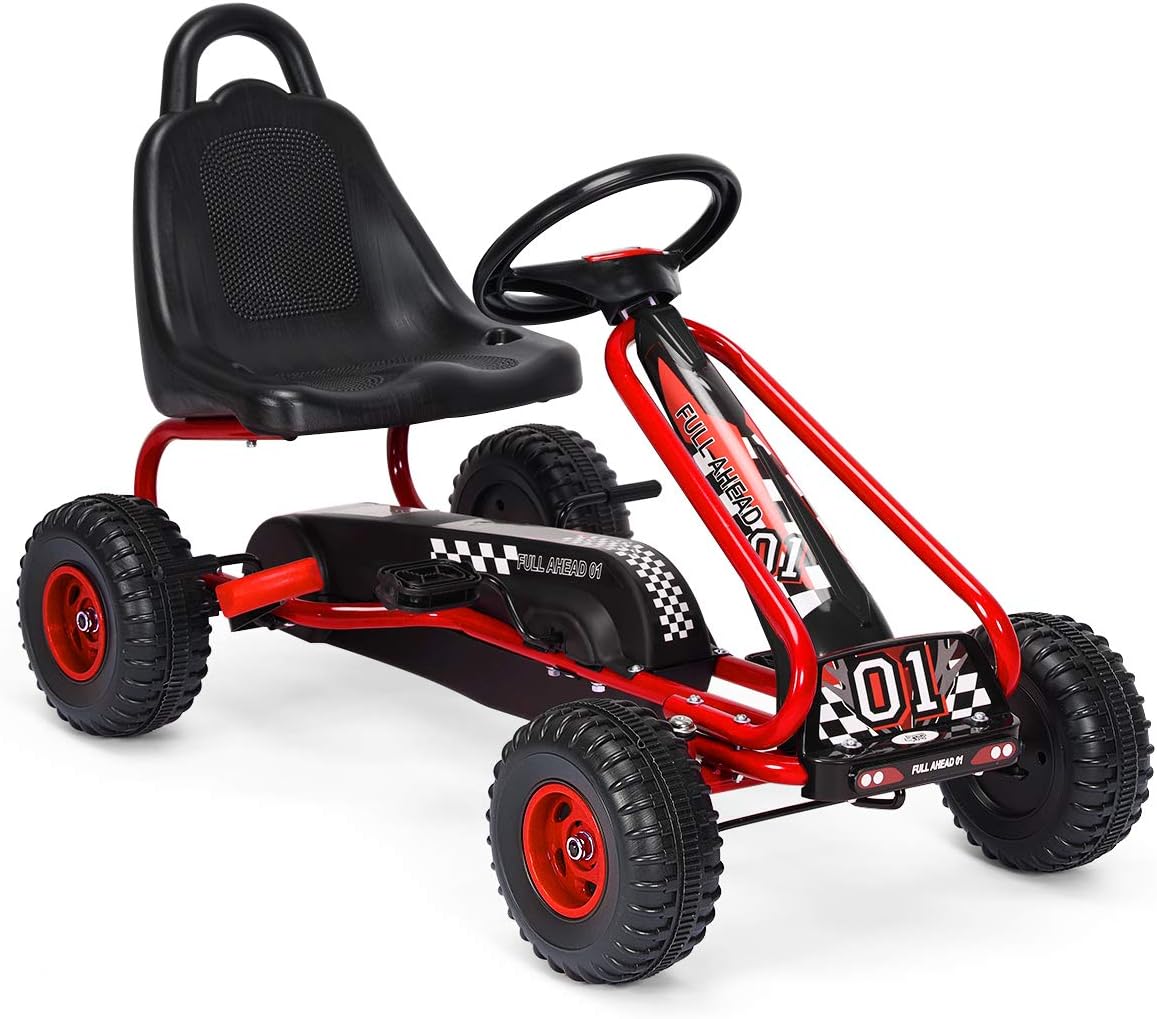 GYMAX Kids Pedal Go Kart with Adjustable Seat, Braking System, Non-slip Wheels, Ride On Car Toy for Children, Girls and Boys Indoor Outdoor (Red)