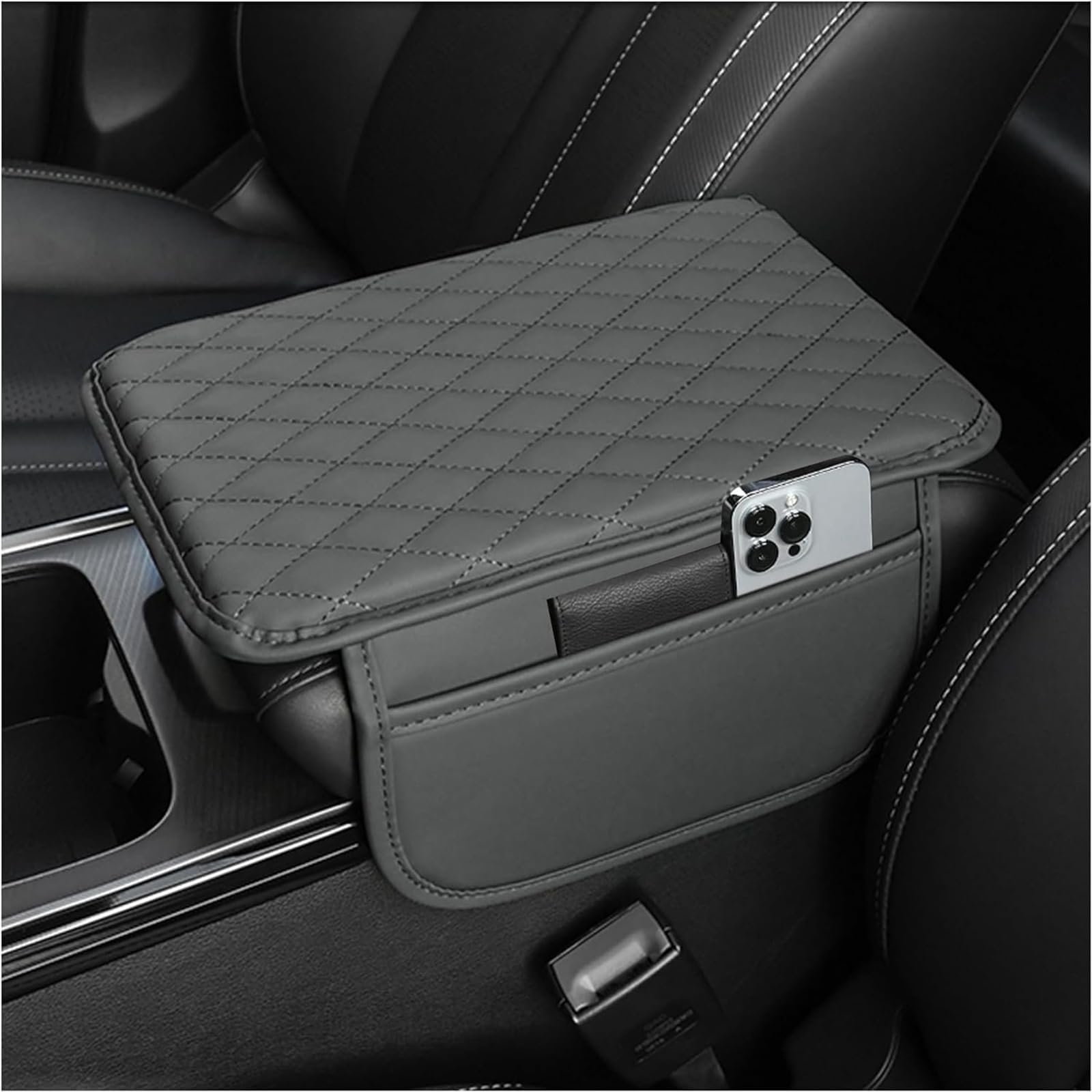 Coussin de Boîte D'Accoudoir de Voiture en Cuir PU pour Nissan X-Trail Tiida Niss Livina March, Tapis de Housse de Console Centrale pour Accoudoir de Voiture, Accessoires Auto,F/Gray