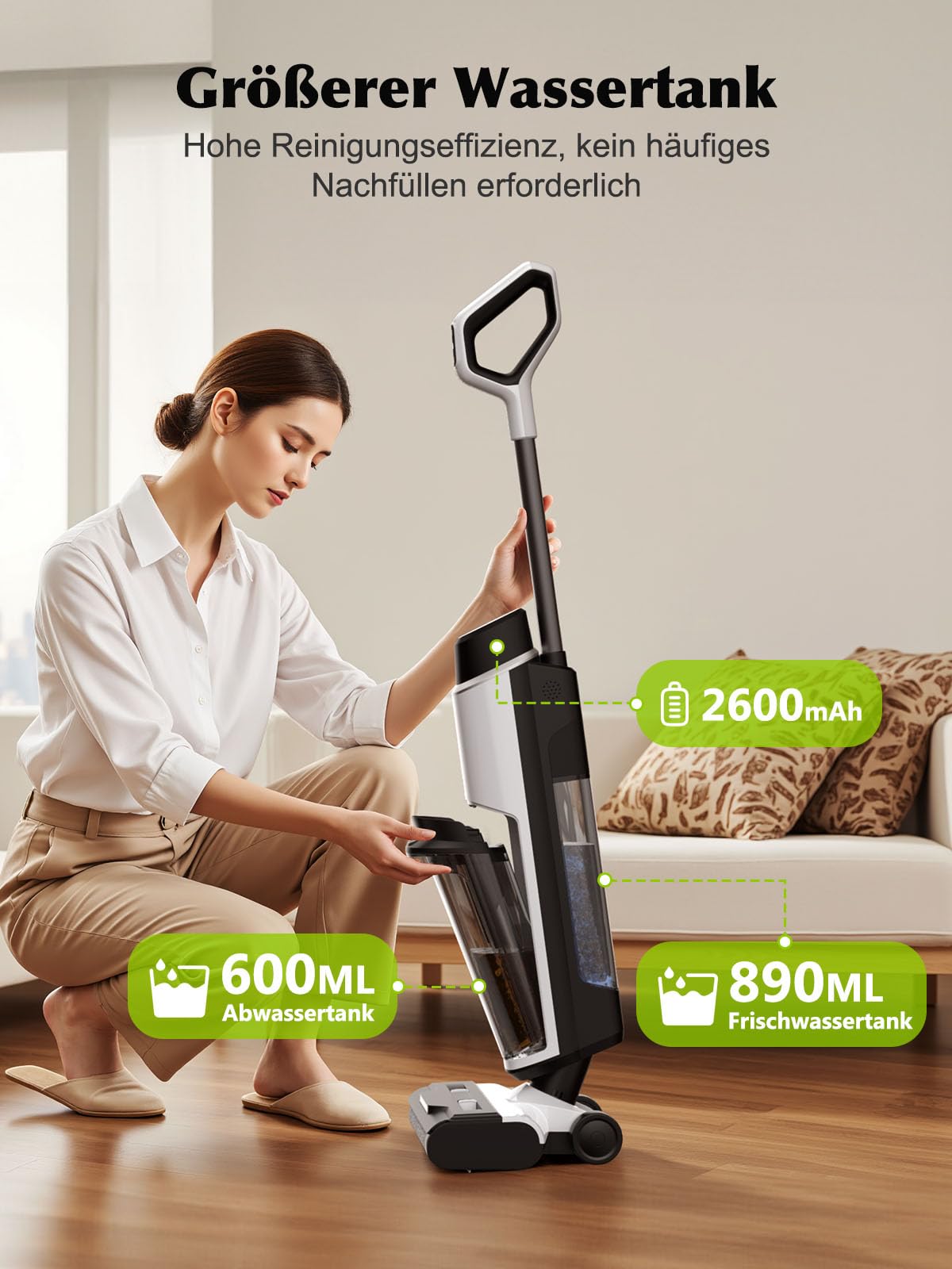 Nass Trockensauger Akku, 20.000 Pa kabelloser All-in-One Staubsauger mit Wischfunktion, 890ml Dual-Wassertanks, Kantenreinigung