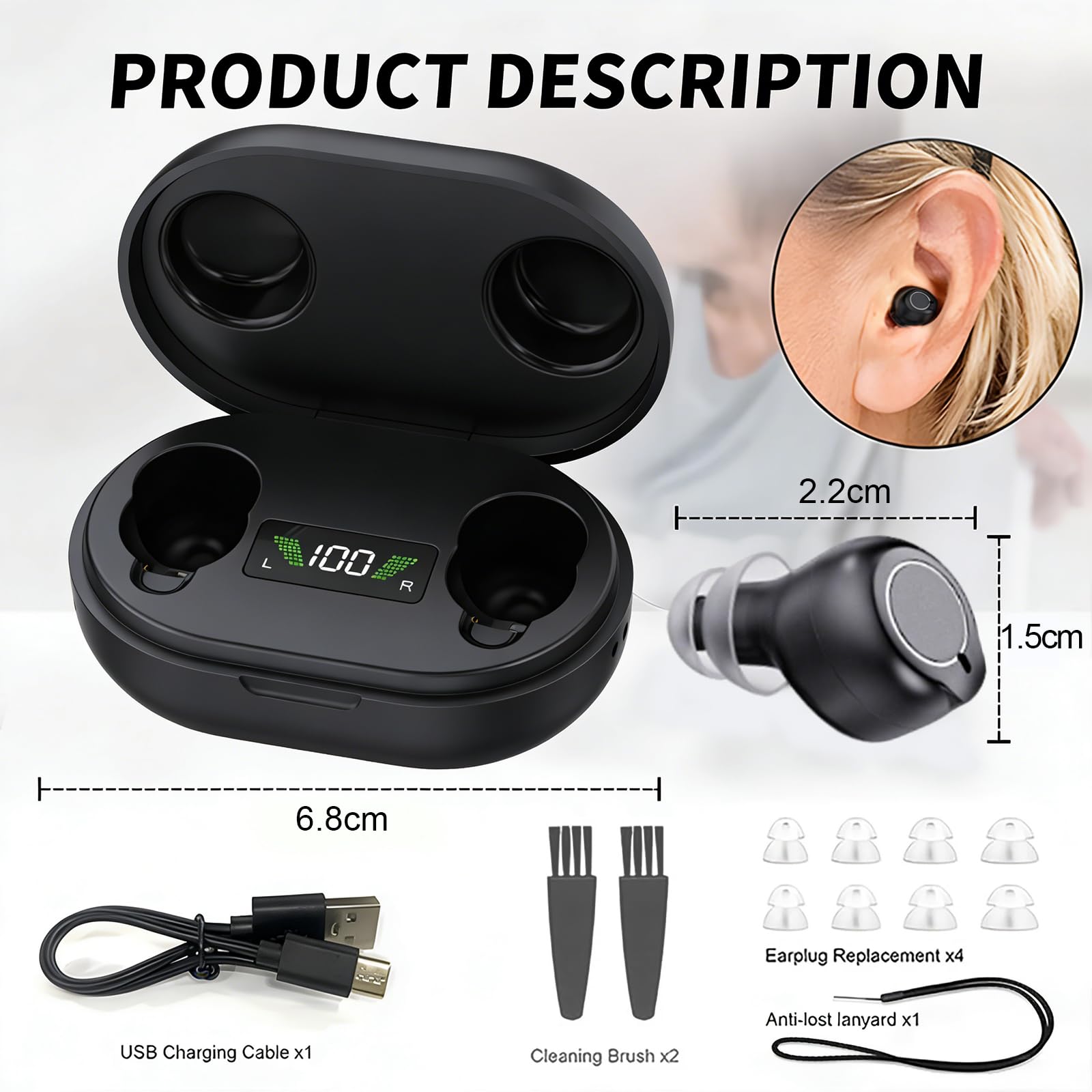 Dispositivo audio ricaricabile per anziani e adulti, dispositivo audio digitale con auricolari in-ear leggeri da 3,2 g, accensione anti ululo, comandi touch e custodia di ricarica LED (nero)