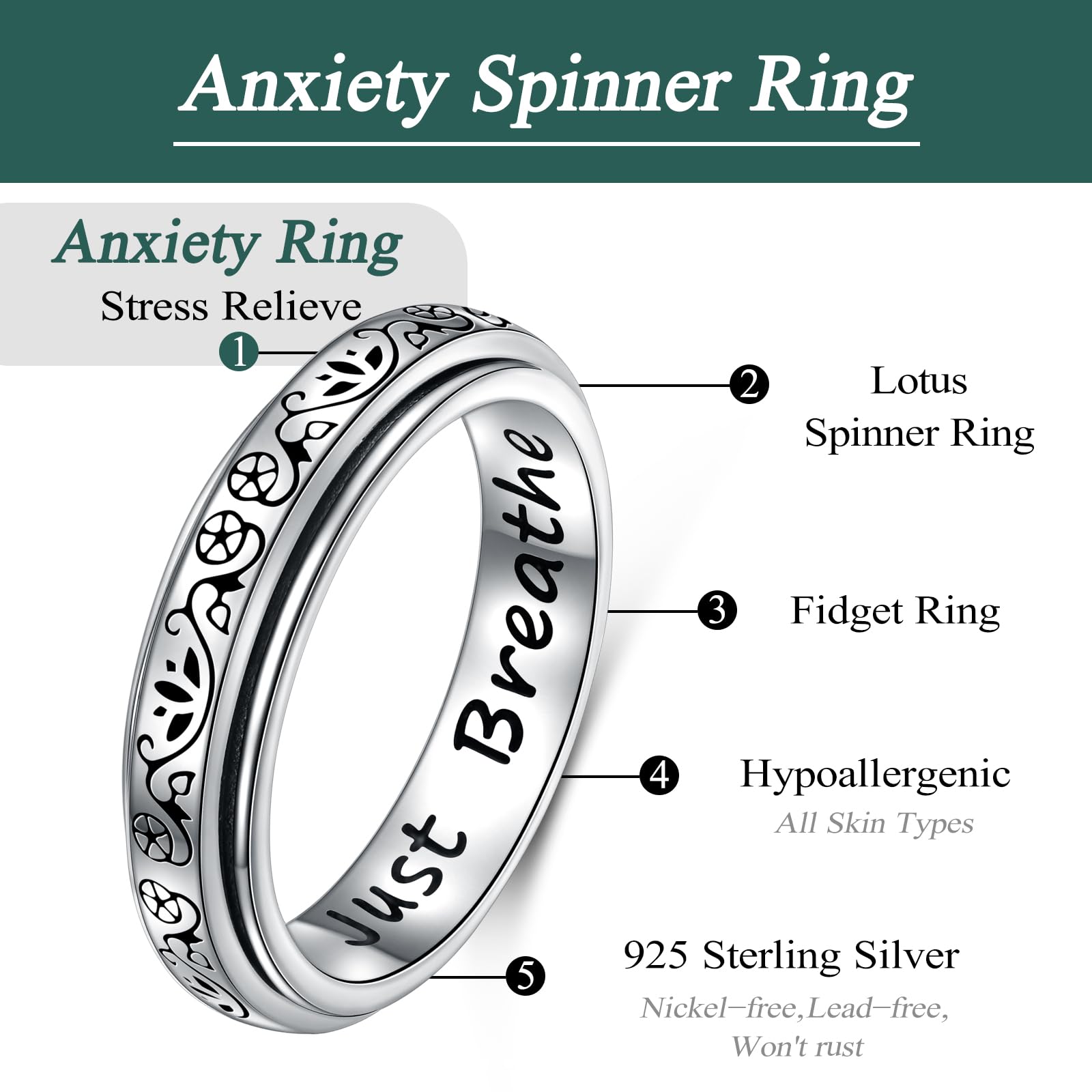 Anillo antiestrés de plata de ley 925 con flor de loto para yoga, Just Breathe Spinner para aliviar el estrés, el aburrimiento, TDAH, autismo, para mujeres y hombres