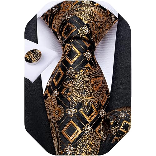 DiBanGu Mens Tie Set Silk Solid Paisley Necktie and Pocket Square Cufflinks Classic Formal Ties for Men Wedding Party