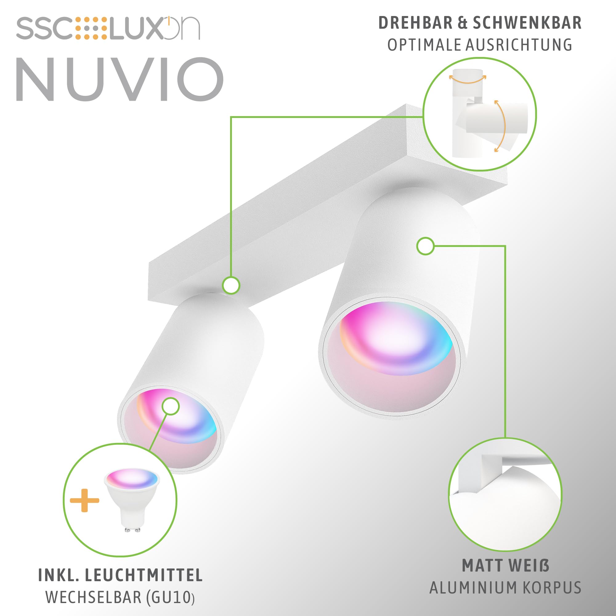 SSC-LUXon NUVIO Deckenstrahler 2-flammig weiß Smart GU10 LED WLAN RGBW App | Zweiflammiger Spotbalken weiß - per App & Alexa steuerbar, RGB-Farblicht, Köpfe schwenkbar für Wohnzimmer & Küche, ohne Hub