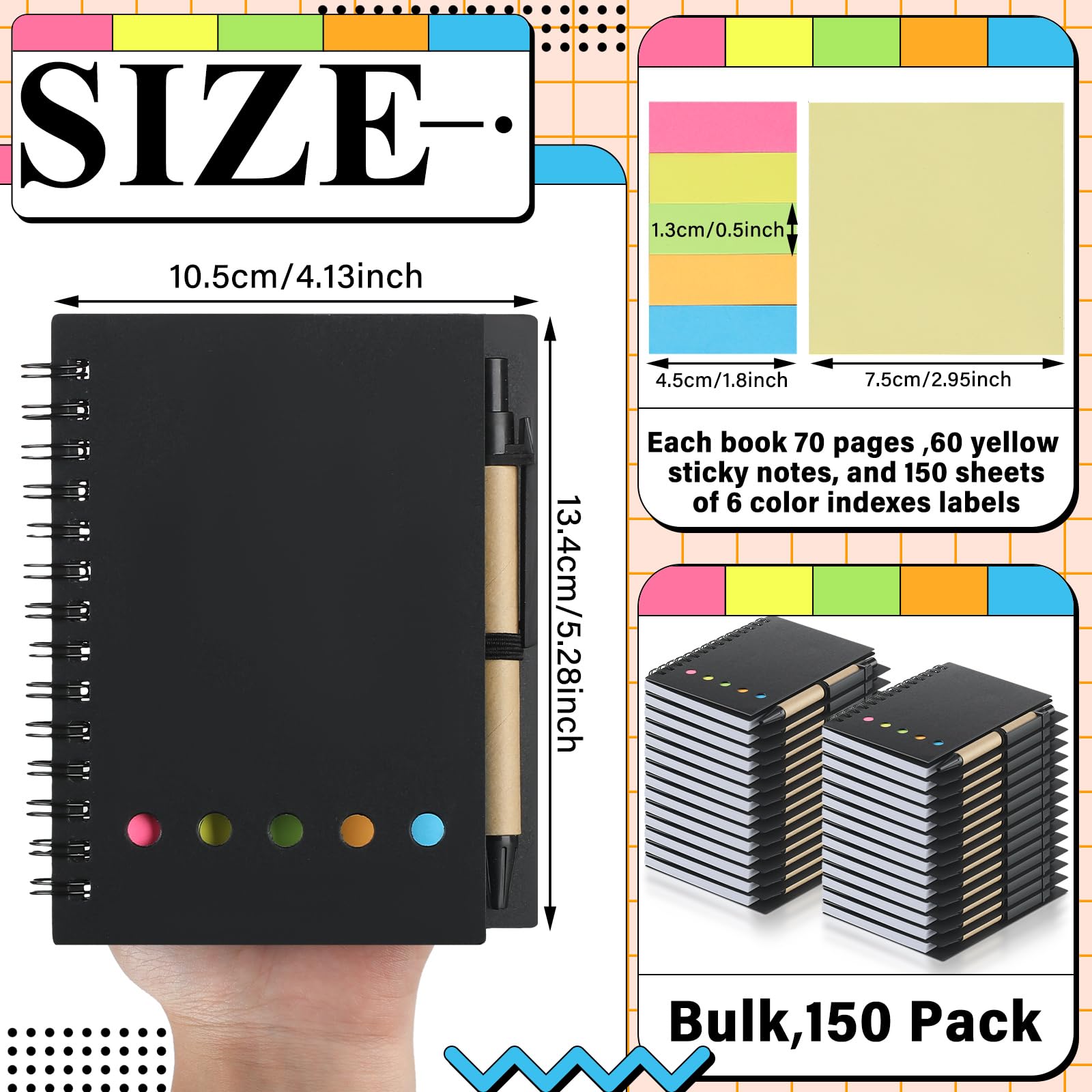 Qilery Confezione da 150 quaderni a spirale a righe, piccolo blocco note e penna, blocco note a righe, nero, tascabile, per ufficio aziendale
