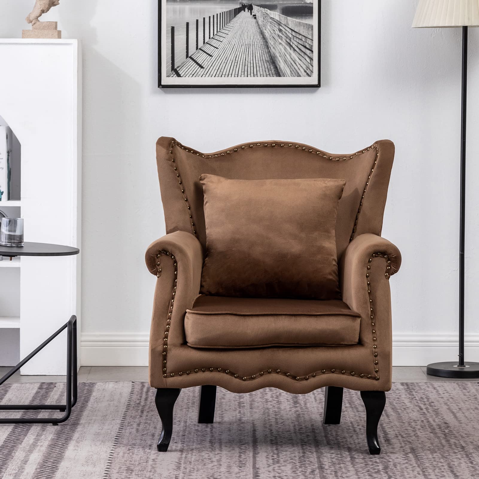 Photo 1 of ALIMORDEN Modern Velvet Club Armchair with Pillow, Accent Single Padded Sofa Side Chair, Retro Button Tufted Upholstered Lounge Seat, Comfy Wooden Frame Reading Chair for Living Room, Bedroom, Brown