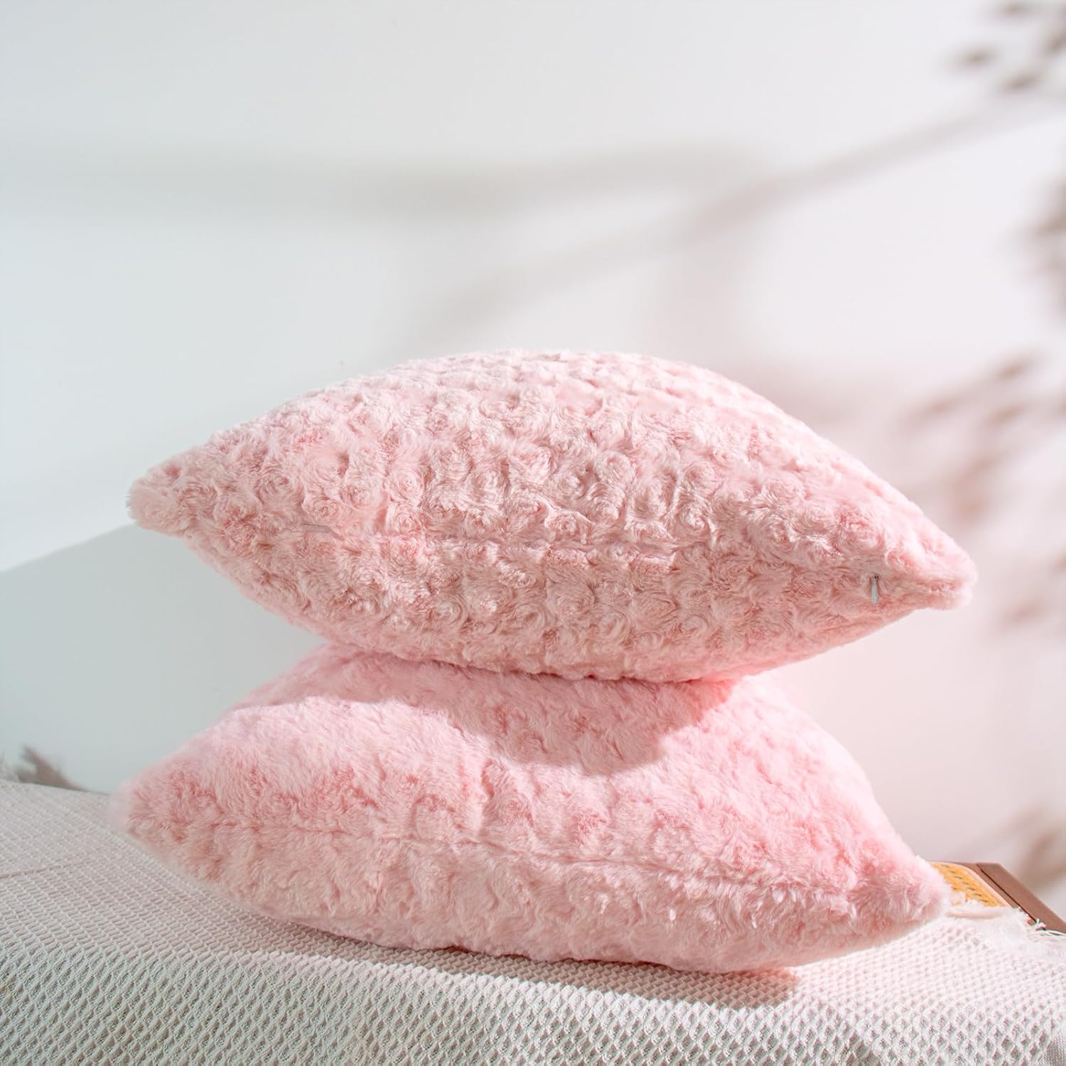 Soft Pink Square Throw Pillow Covers – 2-Pack 20"x20" Decorative Cushion Covers – 600g Faux Rabbit Fur - Image 3