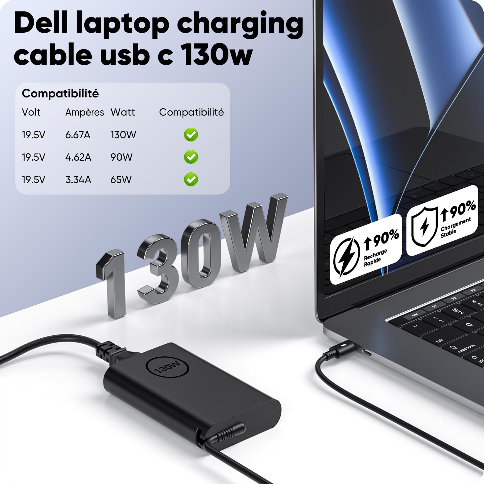 Dell Laptop Charger 130W Watt USB Type C(USB-C) AC Power Adapter - XPS 9730 9530, Precision 3570 3580 3581 5470 5480 3470 3480, Alienware X14 R2, Inspiron 16 Plus 7630, HA130PM170