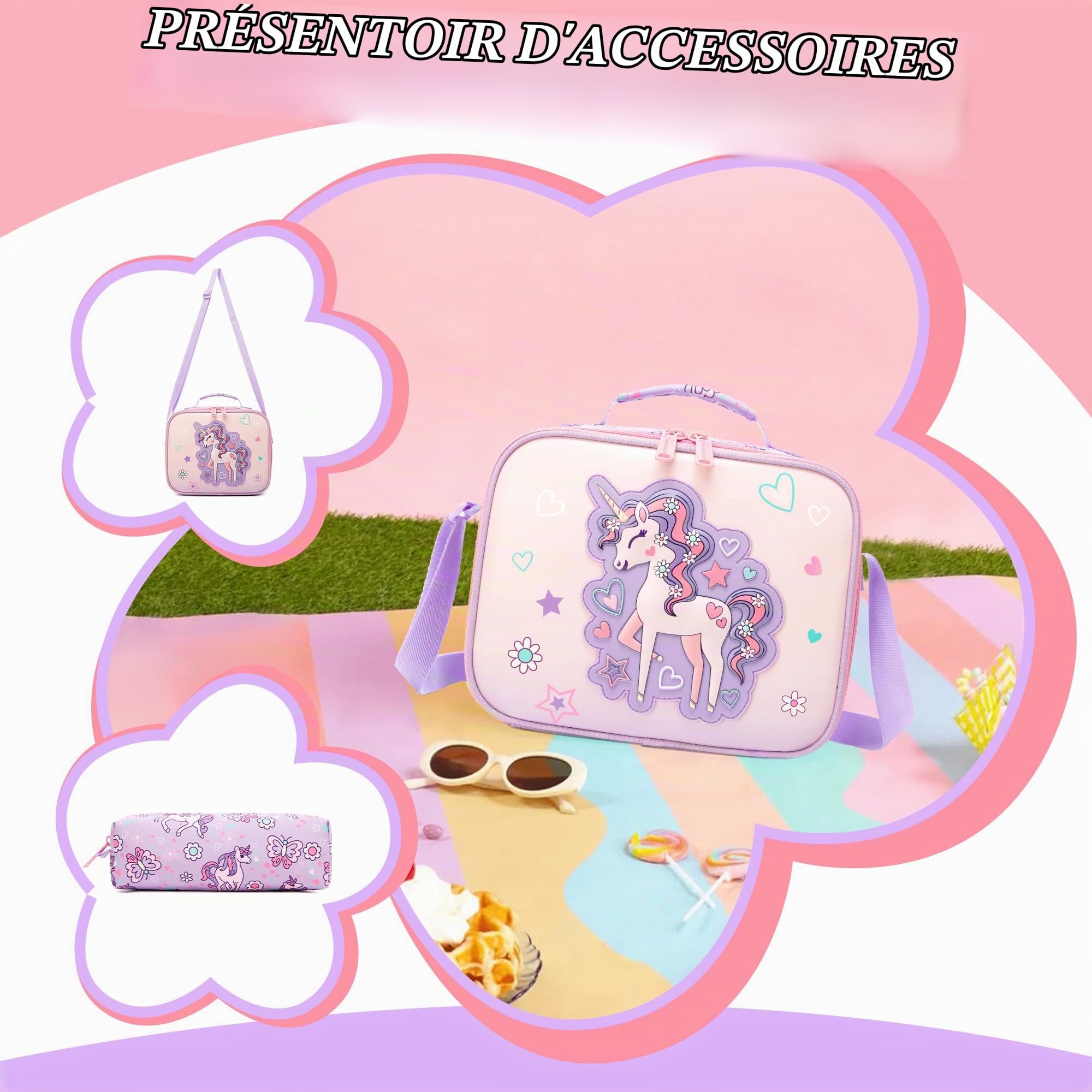HTgroce Sac à Dos à Roulettes Fille Primaire – Ensemble 3-en-1 avec Sac à Déjeuner & Trousse – Cartable Scolaire Ergonomique (CP CE1 CE2 CM1)