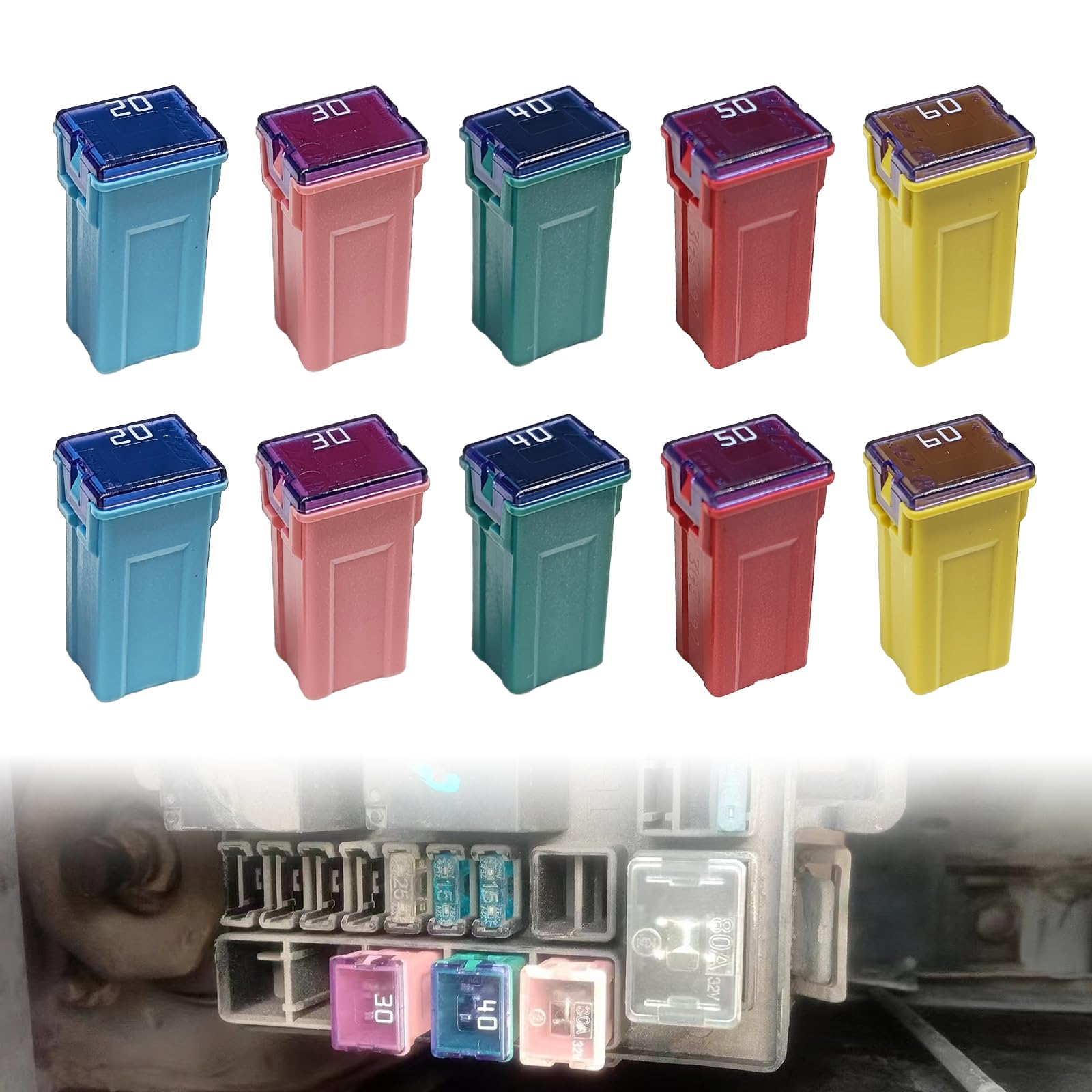 10Pcs Jcase Fuse Kit Mini Jcase Fuse Assortment Tall Profile for Pickup Trucks Cars and SUVS (20A/30A/40A/50A/60A, 2pcs Each)