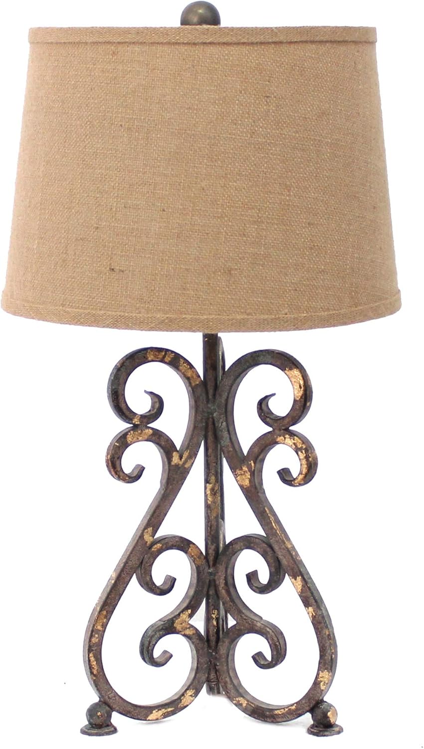Benjara Metal Table Lamp with Scroll Design Base and 2 Way Switch, Bronze and Beige