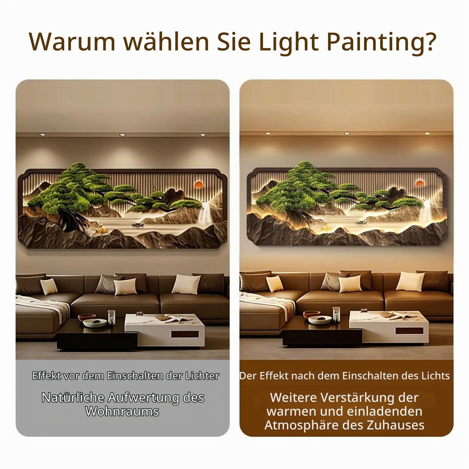 SYXHJTFZ 3D LED Wandkunst Kiefernmuster Kristallporzellan, Beleuchtetes Bild Neuer Chinesischer Luxus Rahmenlos mit Fernbedienung für Wohnzimmer Sofa und Büro(180 * 77.1cm/70.9 * 30.4in)