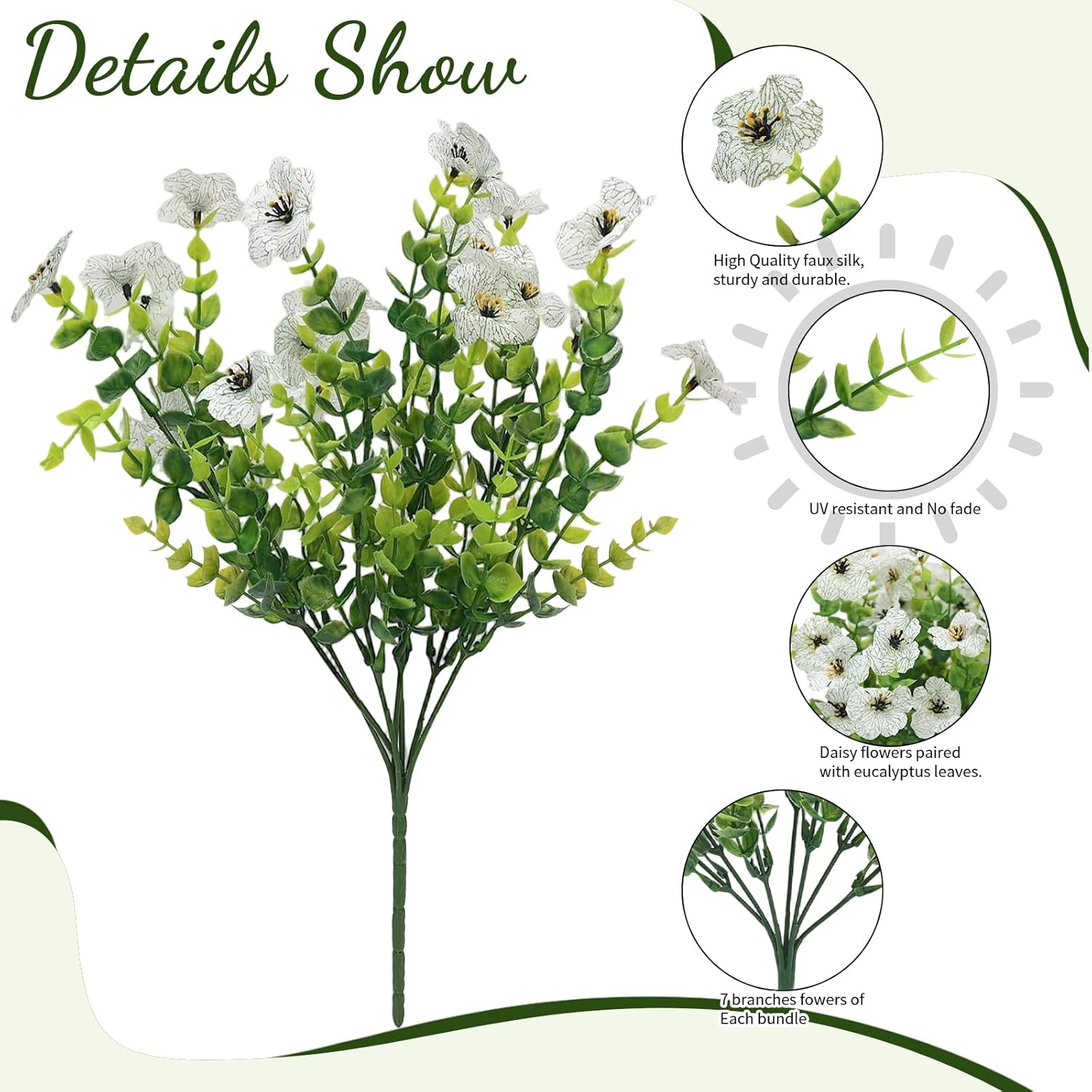 SwanMoon Artificial Flowers for Outdoors - UV Resistant Fake Silk Daisy Flowers with Eucalyptus Leaves, Faux Plastic Plants for Porch, Patio, Garden, Window Box & Home Decor, 12 Bundles