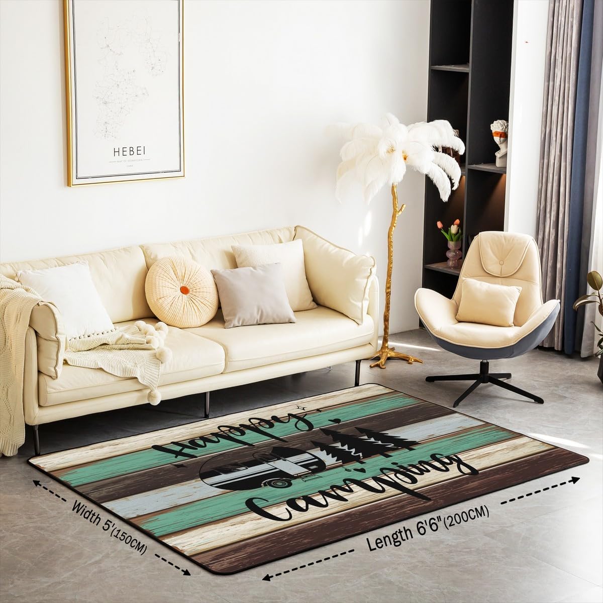 Castle Fairy Camping Rustic Area Rug 3'x5' Wild Trees Cartoon RV Decor Non Slip Rug for Kids Teens Adults Retro Green Brown Stripes Western Style Indoor Floor Mat for Bedroom Office