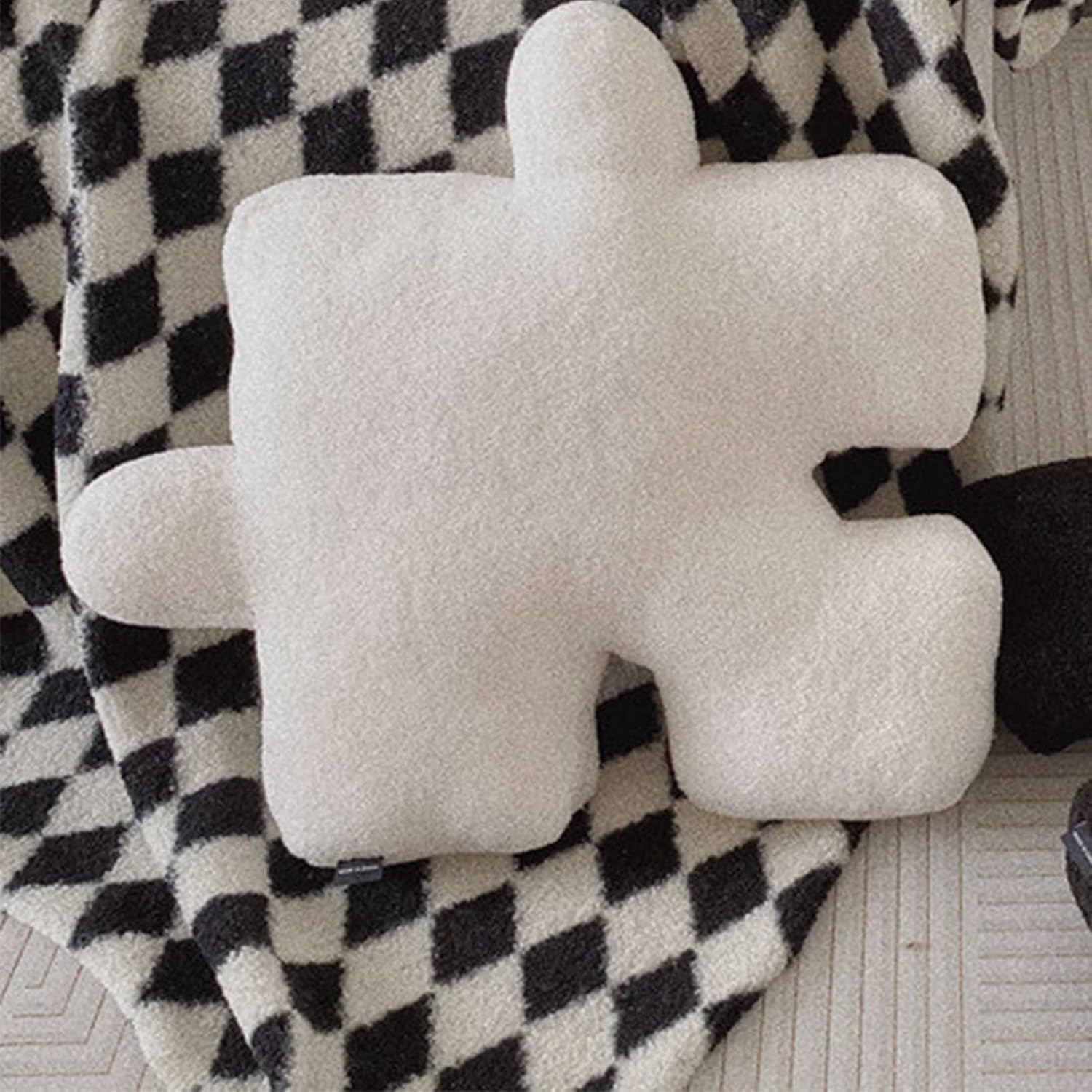Puzzle Special Shaped Ultra Soft Cushion Throw Pillow for Sofa Bed Window Home Decor, Teddy Wool Material, Suitable for Bedroom Living Room Office (White)