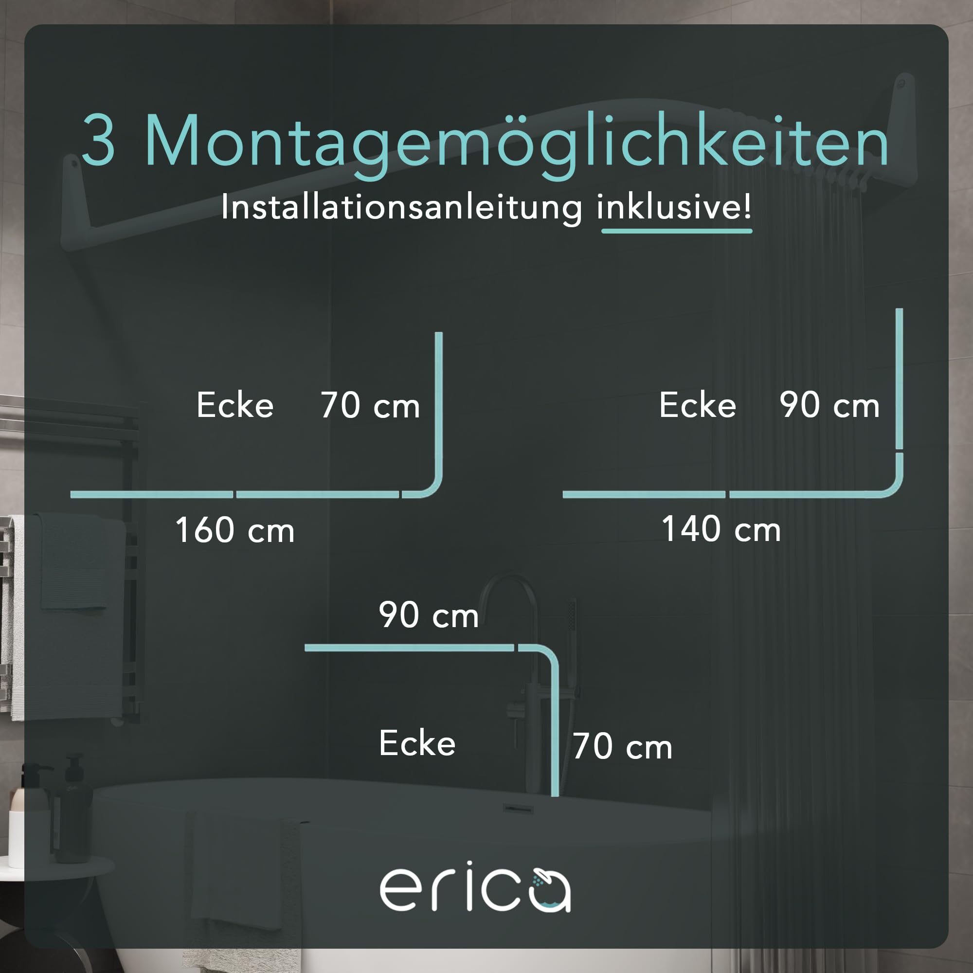 Erica Duschvorhangstange L form 70x90, 70x160 oder 90x140 cm, Duschvorhang stange für Badewannen geeignet, Duschstange über Eck, Weiße Pulverbeschichteter Stahl, Ohne Bohren