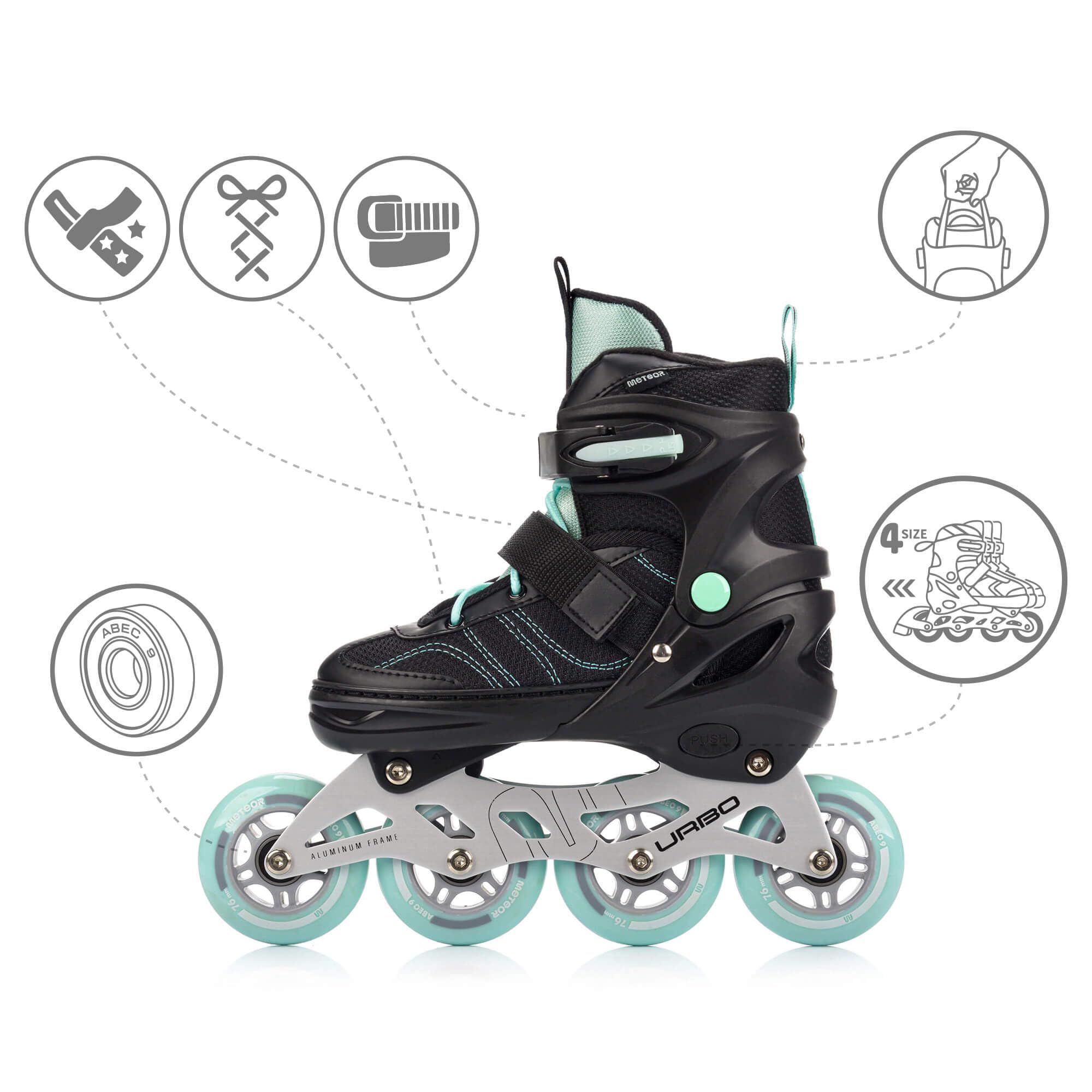 meteor Kinder Inline Skates Urbo verstellbar für ältere Kinder Jugendliche Mädchen Jungen 34-37 38-41 mit ABEC-9 PU Rollen 76-80 mm Bremse hoher Schale und Quick-Lock System