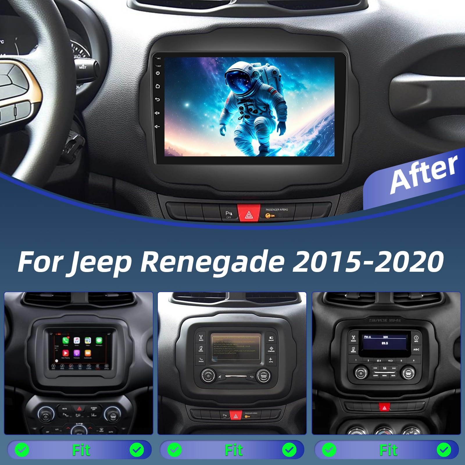 4+64G Android Car Radio for Jeep Renegade 2015 2016 2017 2018 2019 2020 - Wireless Carplay & Android Auto - 9 Inch Touchscreen Radio with 32 EQ DSP, WiFi, GPS, Split Screen + AHD Rear View Camera