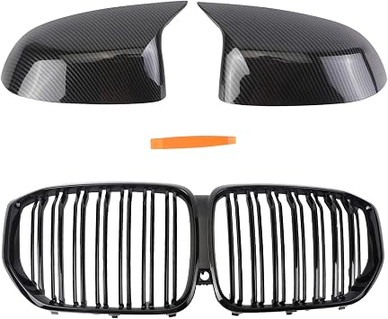 G05 Glossy Black Double Slats Grill and Carbon Fiber Side Mirror Cover Caps Compatible With 2019 2020 2021 2022 2023 X5 G05