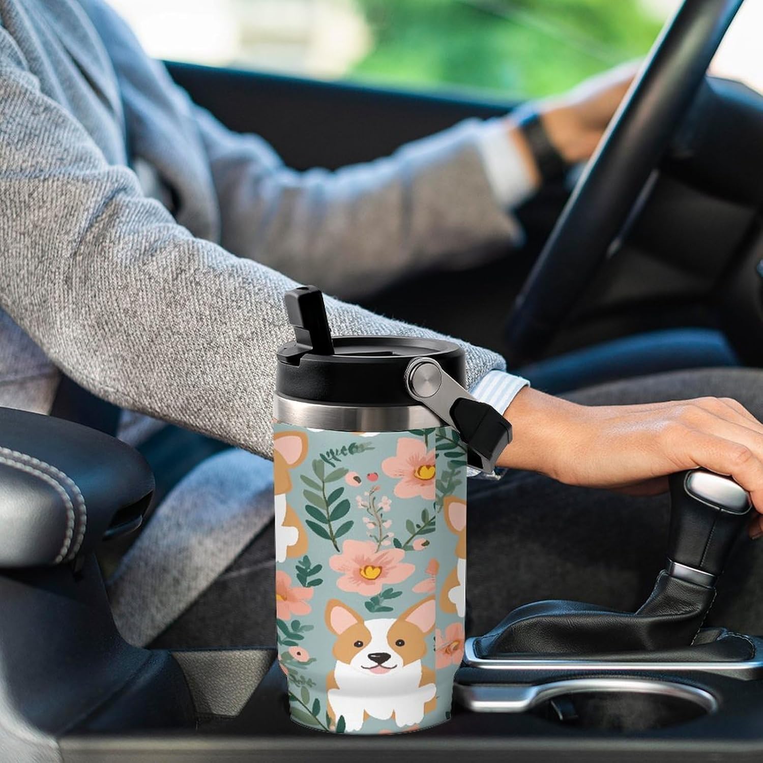 Corgi Floral Flowers Spring Garden Water Bottle 30 Oz Fits Car Cup Holder,Insulated Coffee Mug Large Capacity Car Cups,Stainless Steel Double Wall Sport Bottle for Travel Sports Gym