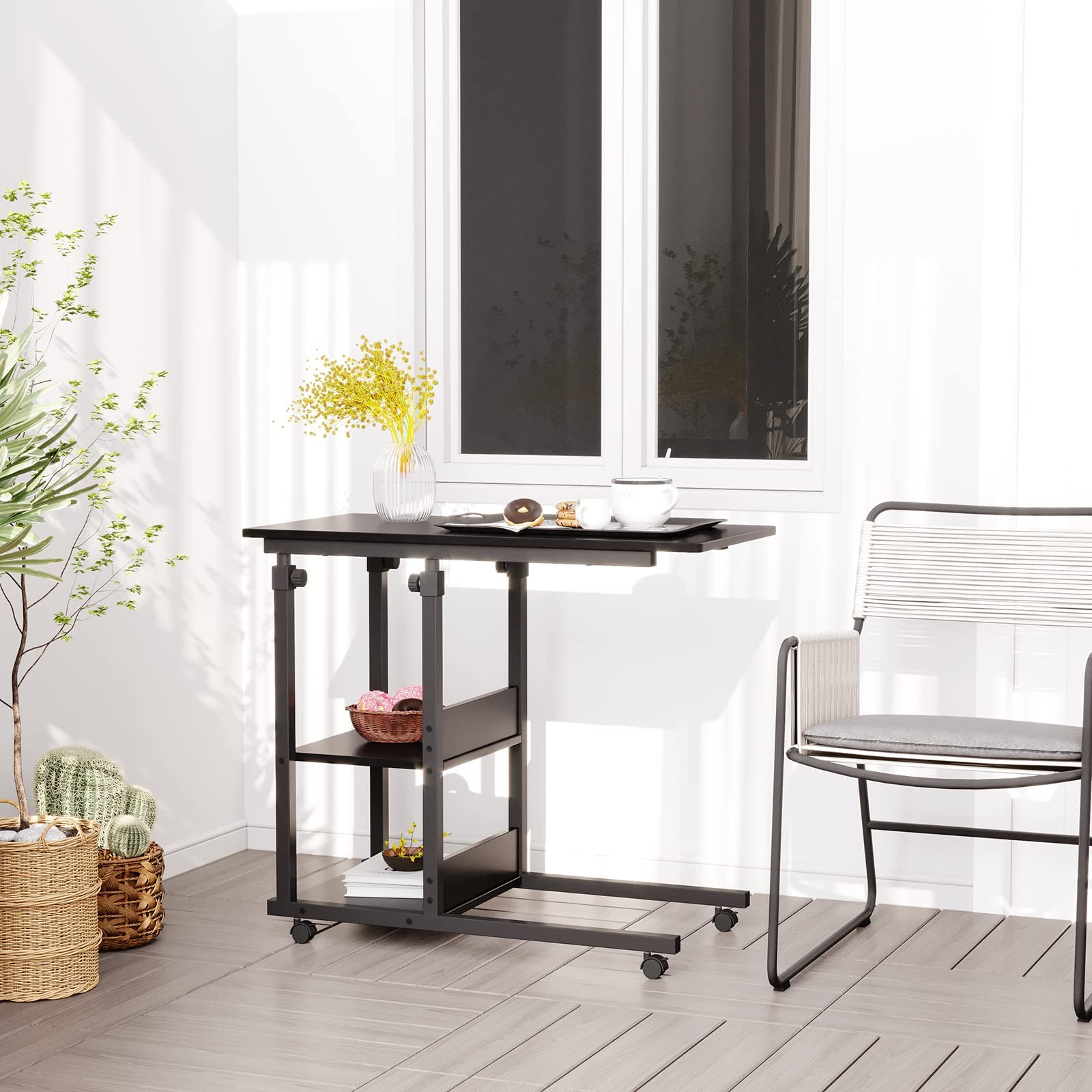 Dripex Beistelltisch mit Rollen Laptoptisch Höhenverstellbar Schreibtisch aus Holz, Sofatisch Nachttisch Kaffeetisch Schlafzimmer, Wohnzimmer Schwarz