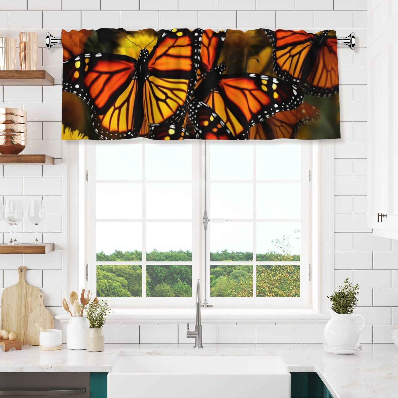 Monarch Butterflies Valances for Windows Short Curtains Rod Pocket Cafe Window Treatments Valance Curtains for Kitchen Bathroom Laundry Basement Windows 54x18inch Blackout Window Valance