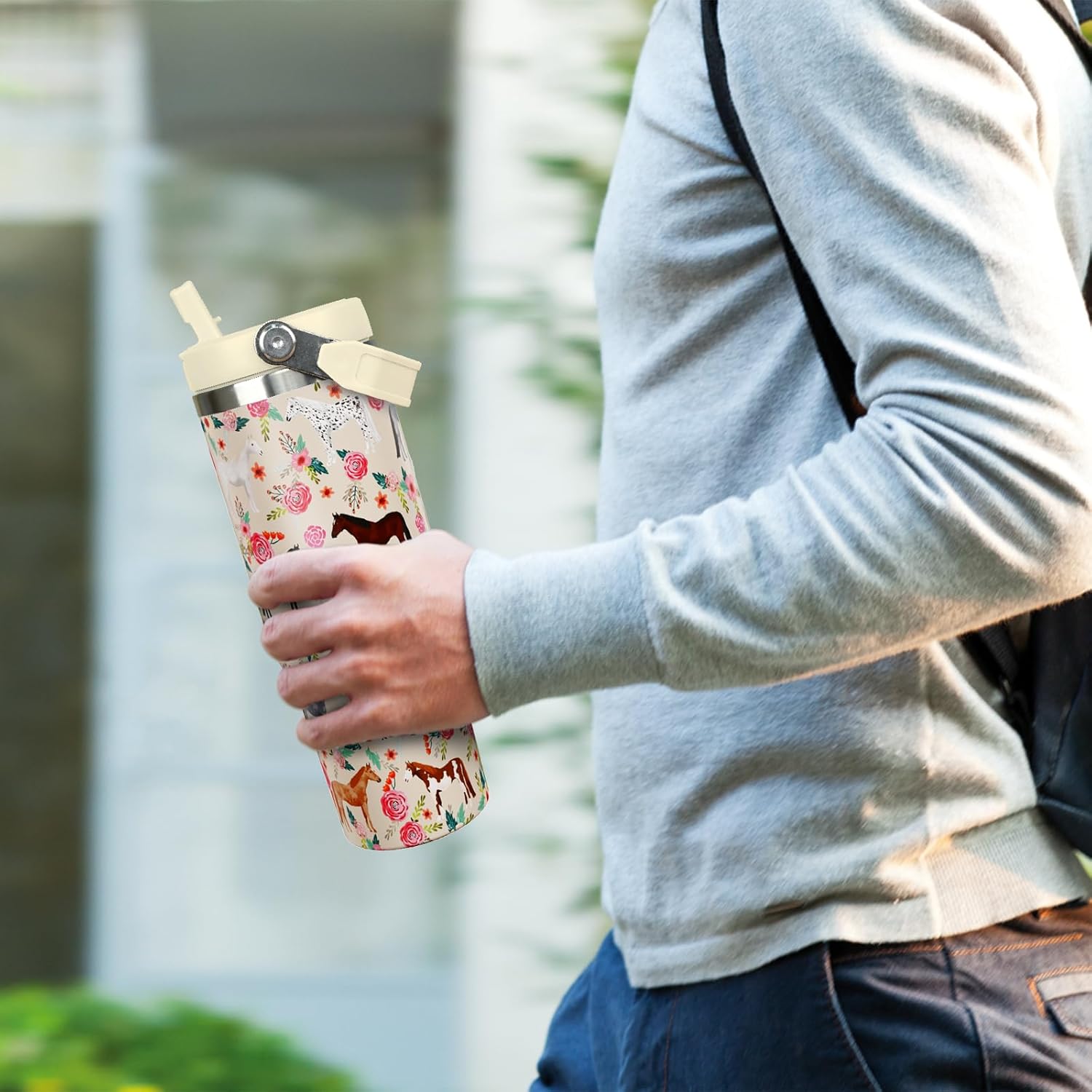 30 oz Horse Tumbler with Handle and Flip Straw, Vacuum Insulated Water Bottle Stainless Steel, Leak Proof Travel Coffee Mug Gifts for Horse Lover, Cute Floral Cup for Home Office Car Outdoors Sports - Image 7