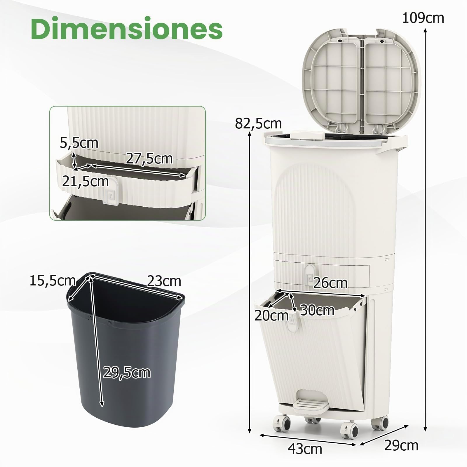 COSTWAY Cubo de Basura Cocina Reciclaje de 42L, Papelera de Reciclaje con 4 Compartimentos, 2 Cubos Extraíbles, Cajón, Pedal y Ruedas, Contenedor de Residuos para Cocina, 43 x 29 x 82.5 cm (Beige)