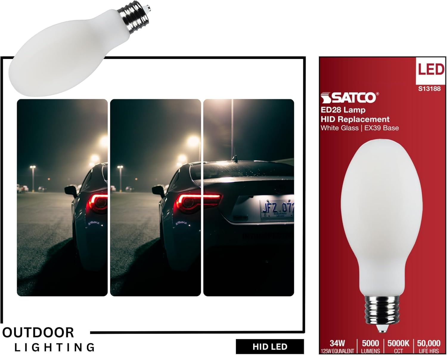 Satco S13188 34W LED HID Replacement Bulb, 5000K Daylight, 5000 Lumens, EX39 Mogul Base, 80+ CRI, Non-Dimmable, Energy-Efficient, Long-Lasting LED for Industrial and Commercial Fixtures (2 Pack)