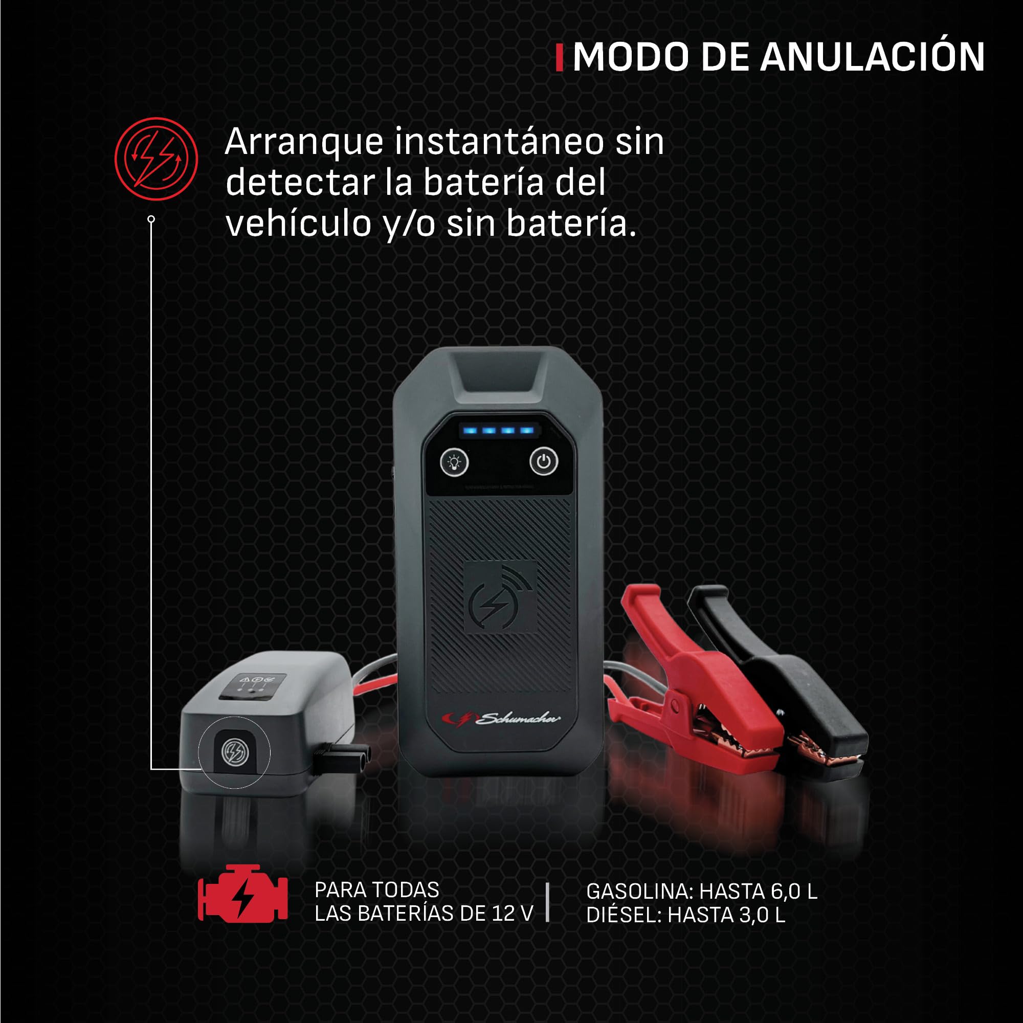 Schumacher Electric Compact SBX504 - Arrancador Coche 1000A 12V - Jump Starter Litio con Pinzas Seguras - Gasolina 6L / Diésel 3L - USB-C, Carga Inalámbrica, LED - Override y Pre-Heating | Motores Gasolina 6L Diesel 3L, Powerbank 6400mAh, carga inalámbric