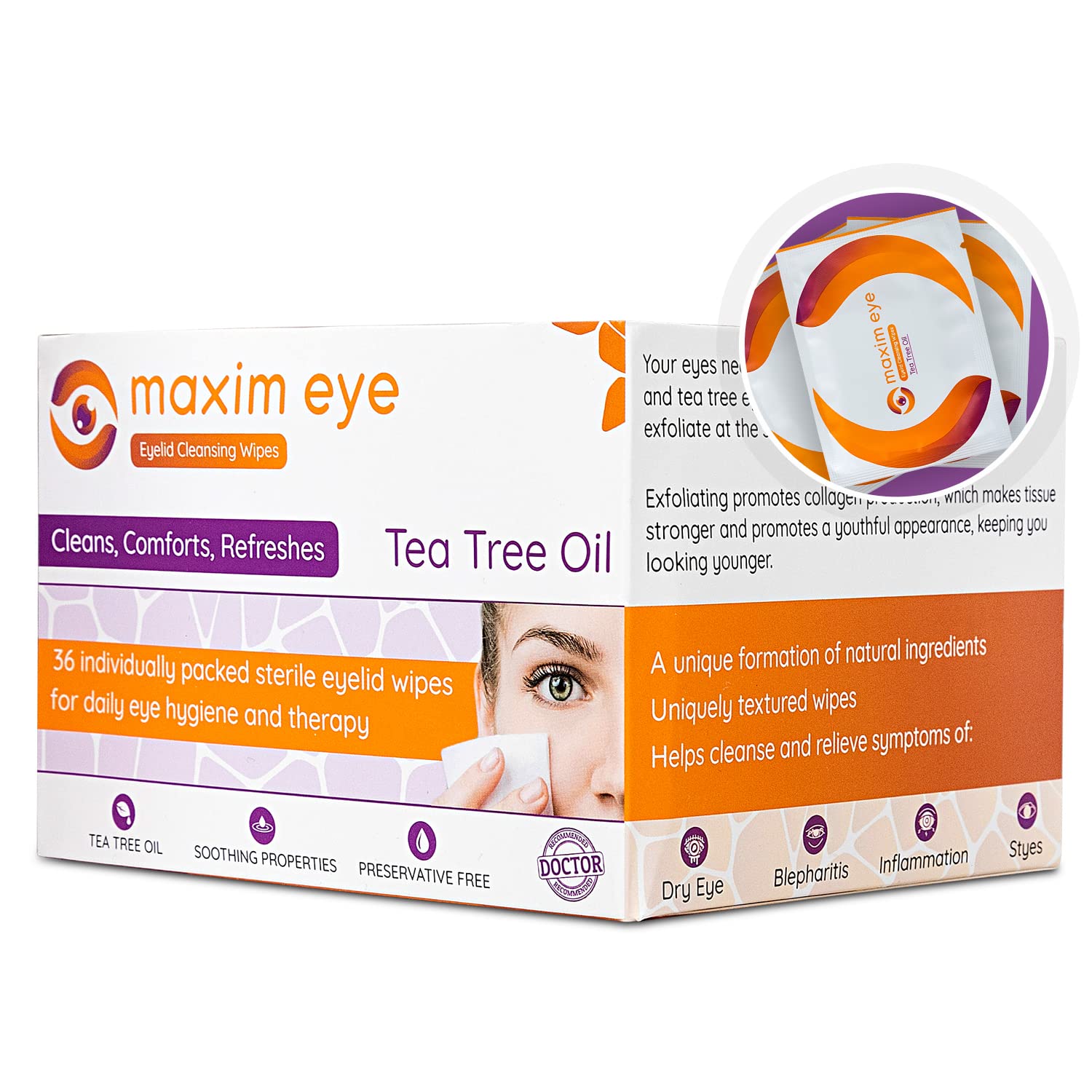Maxim Eye Tea Tree Eyelid Wipes 36 Pieces, Exfoliating Eyelid Scrubs for Dry, Itchy, Swollen and Irritated Eyes, Eyelid Cl...