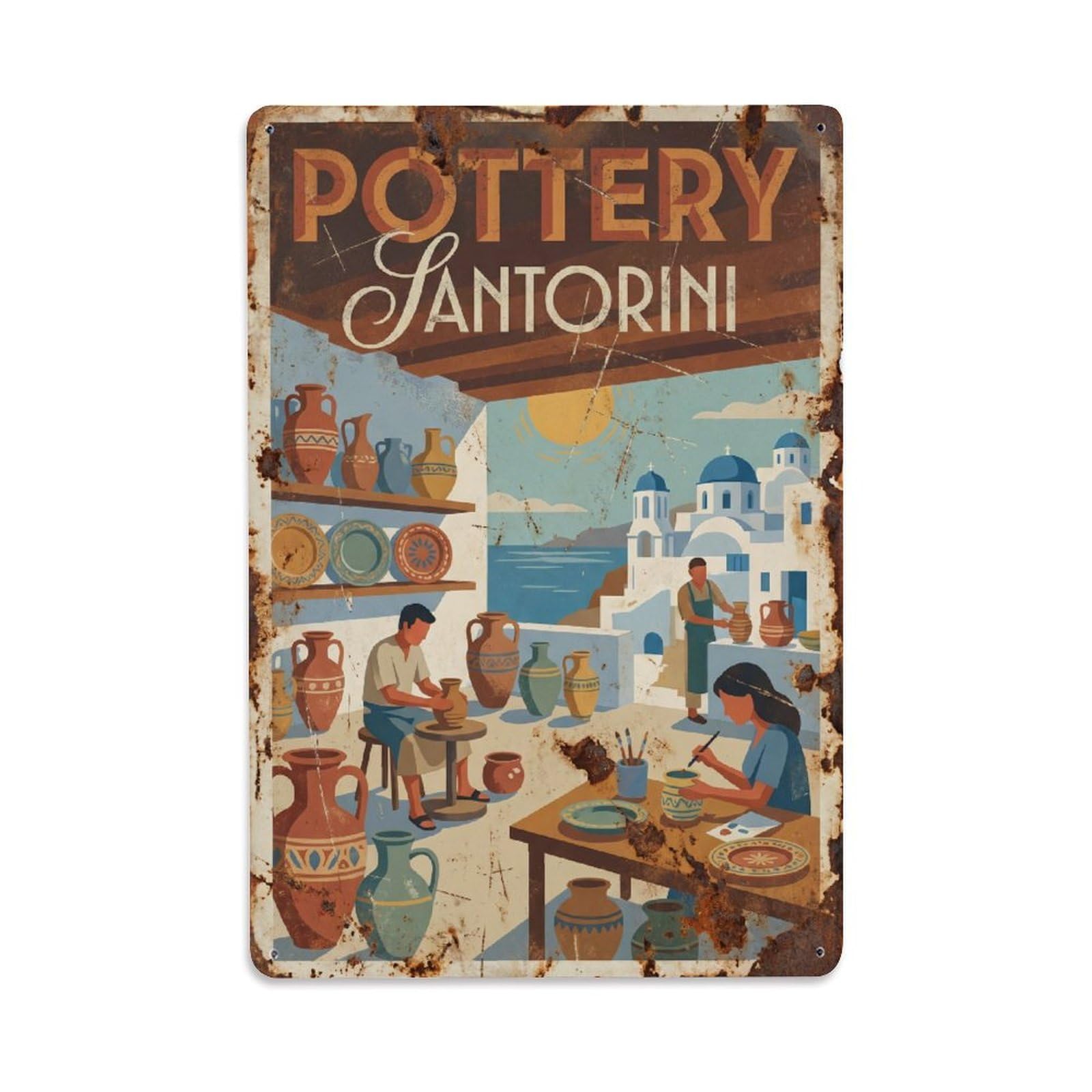 Este 8X12inch Style Vintage Travel Santorini Pottery Greece Metal Tin Sign