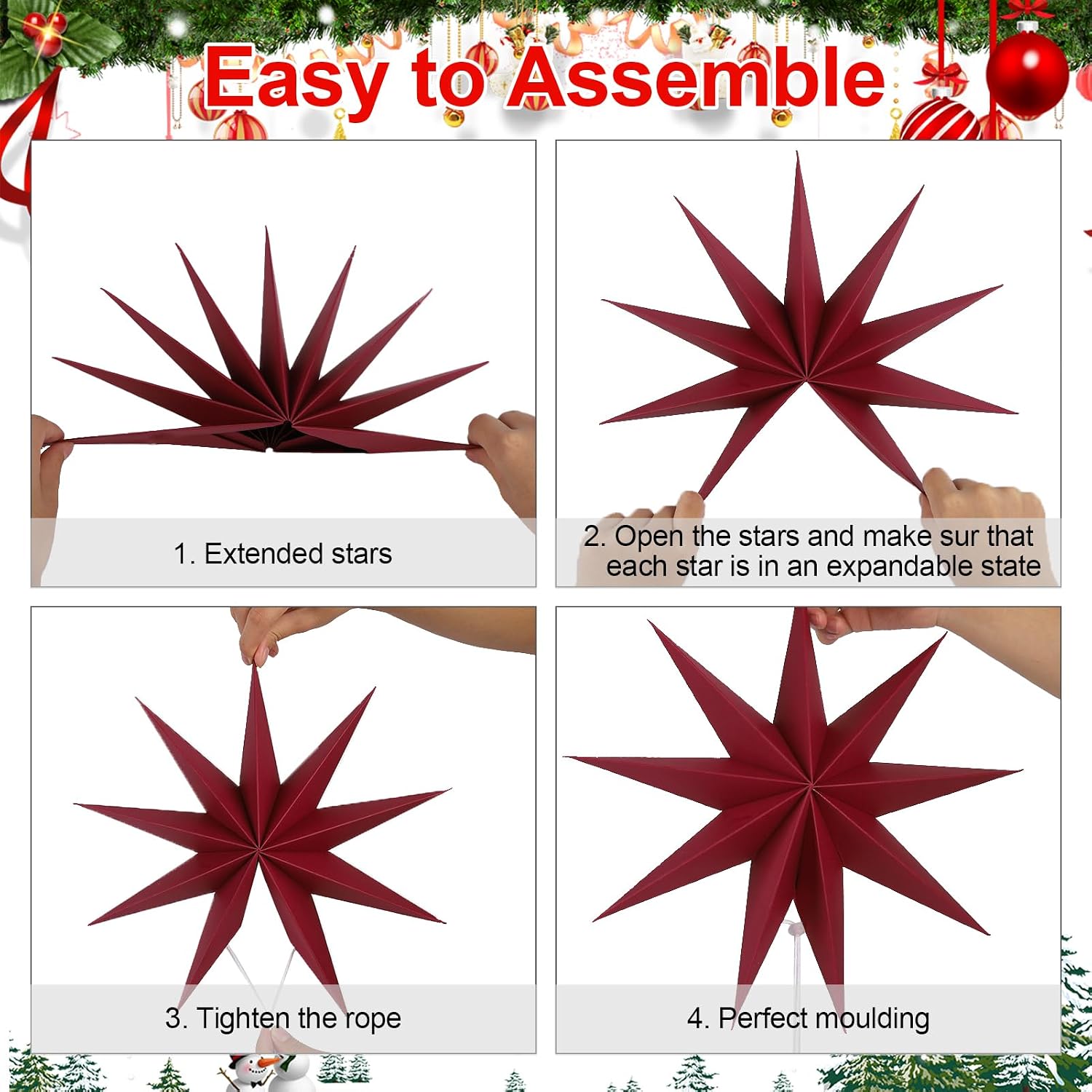 12 Inches 5 PCS Wine Red Paper Star Lanterns Christmas Party Decorations Hanging Stars Christmas Party Decorations Wedding Birthday Christmas Home Party Decorations(9 Pointed)