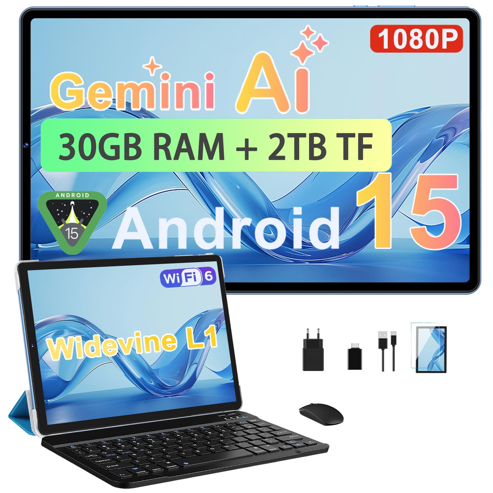 Biegedy 2026 Tablet 10 Pollici Android 15, 30GB RAM + 64GB ROM(2TB TF), Gemini AI, Octa-Core, 5G WiFi 6, Widevine L1, GMS, GPS, BT 5.0, 6000mAh, 5MP+8MP, Tablet in Offerta con Tastiera, Mouse - Blu