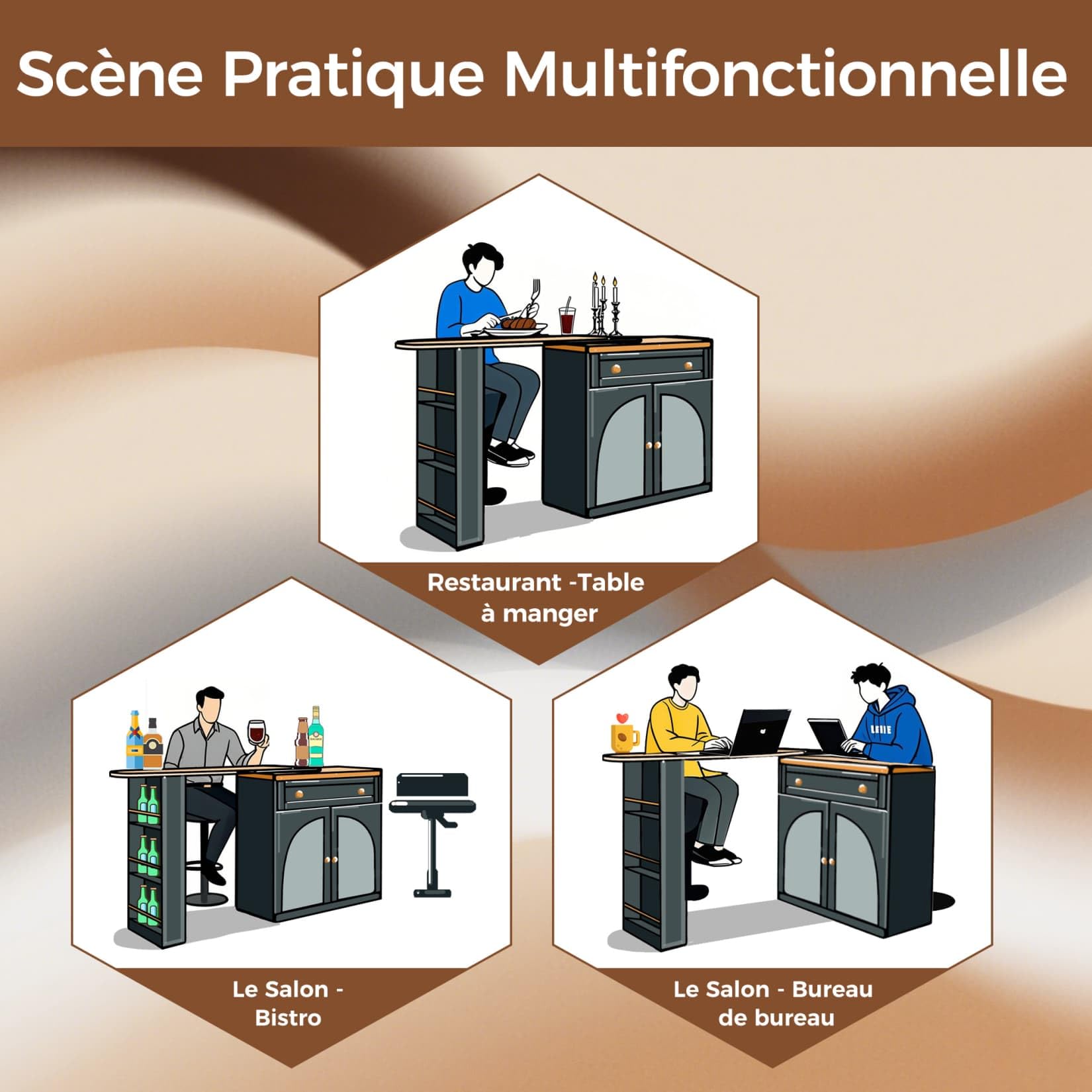 PUGSDRLY Table de Bar Extensible avec Espace de Rangement,Table Bar Cuisine Pivotant à 360°,2 Porte en Verre et 1 Tiroir,Compartiment Ouvert,Comptoir de Cuisine (D, Noir)